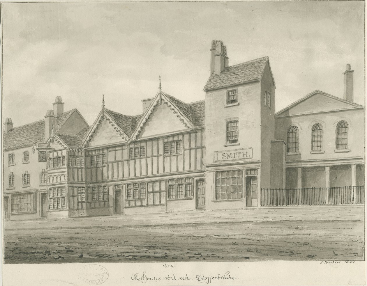 Leek Town - Stare domy: rysunek w sepii, 1844 autorstwa John Buckler