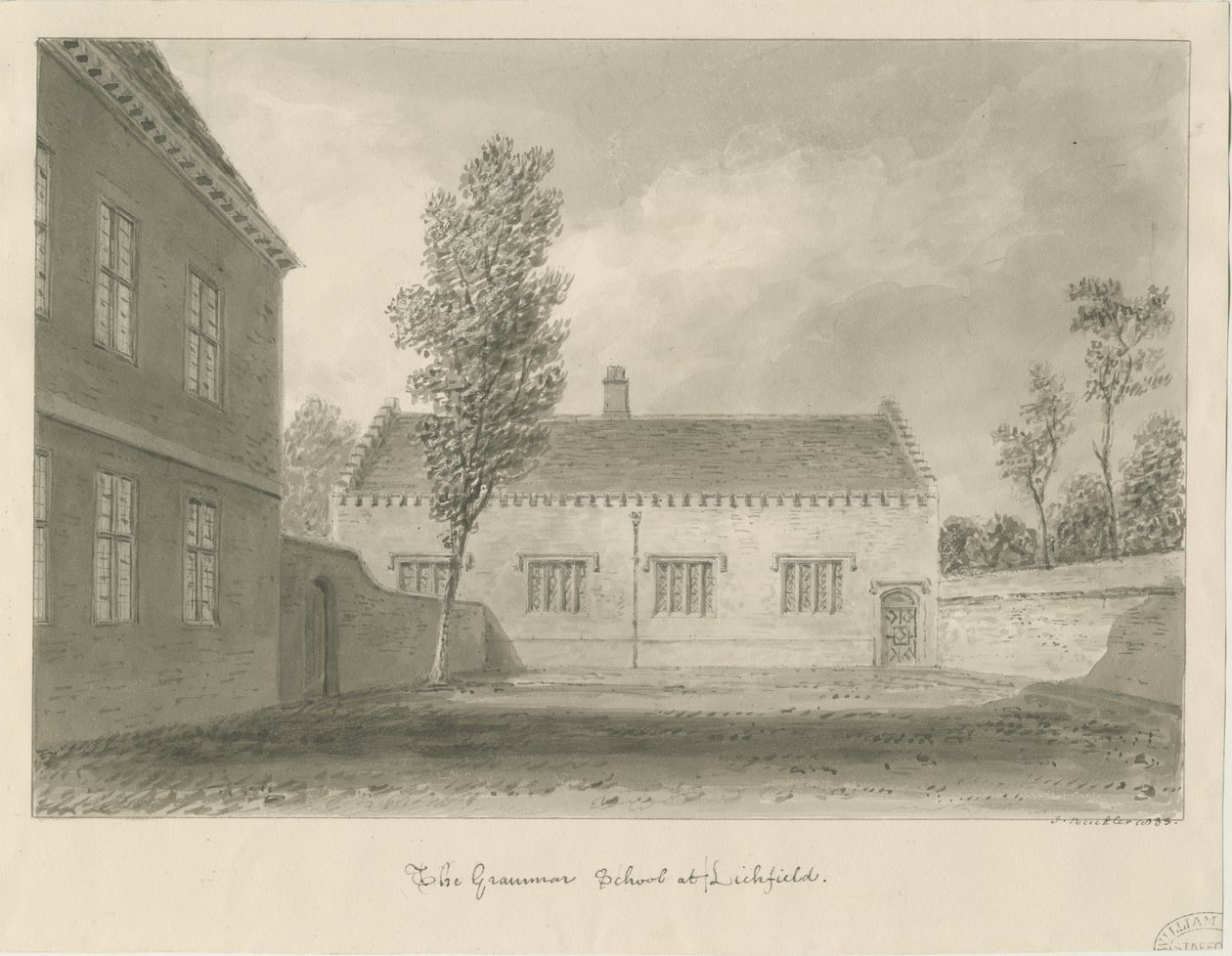 Lichfield - Grammar School: rysunek w sepii autorstwa John Buckler