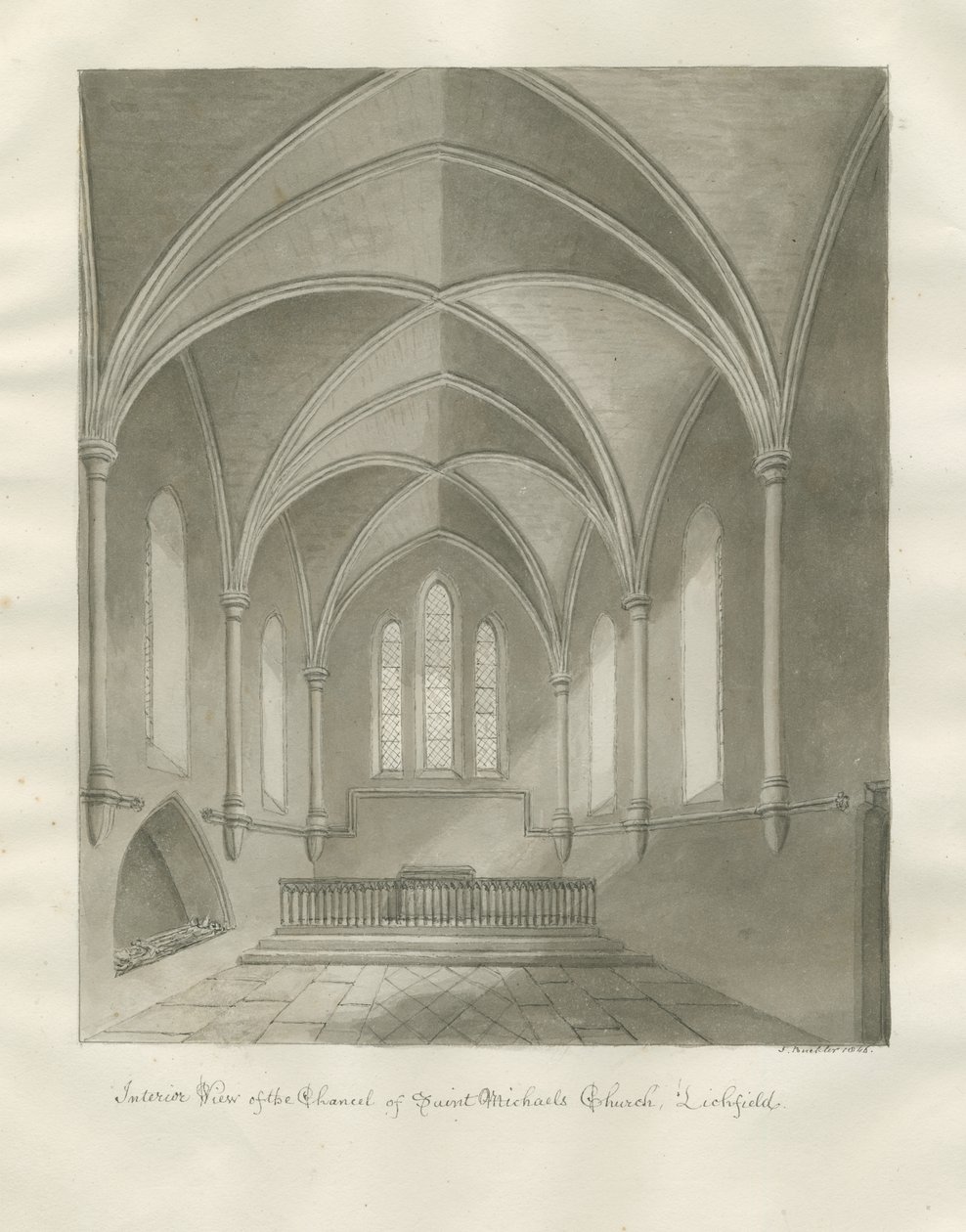 Lichfield - Wnętrze kościoła św. Michała: rysunek w sepii autorstwa John Buckler