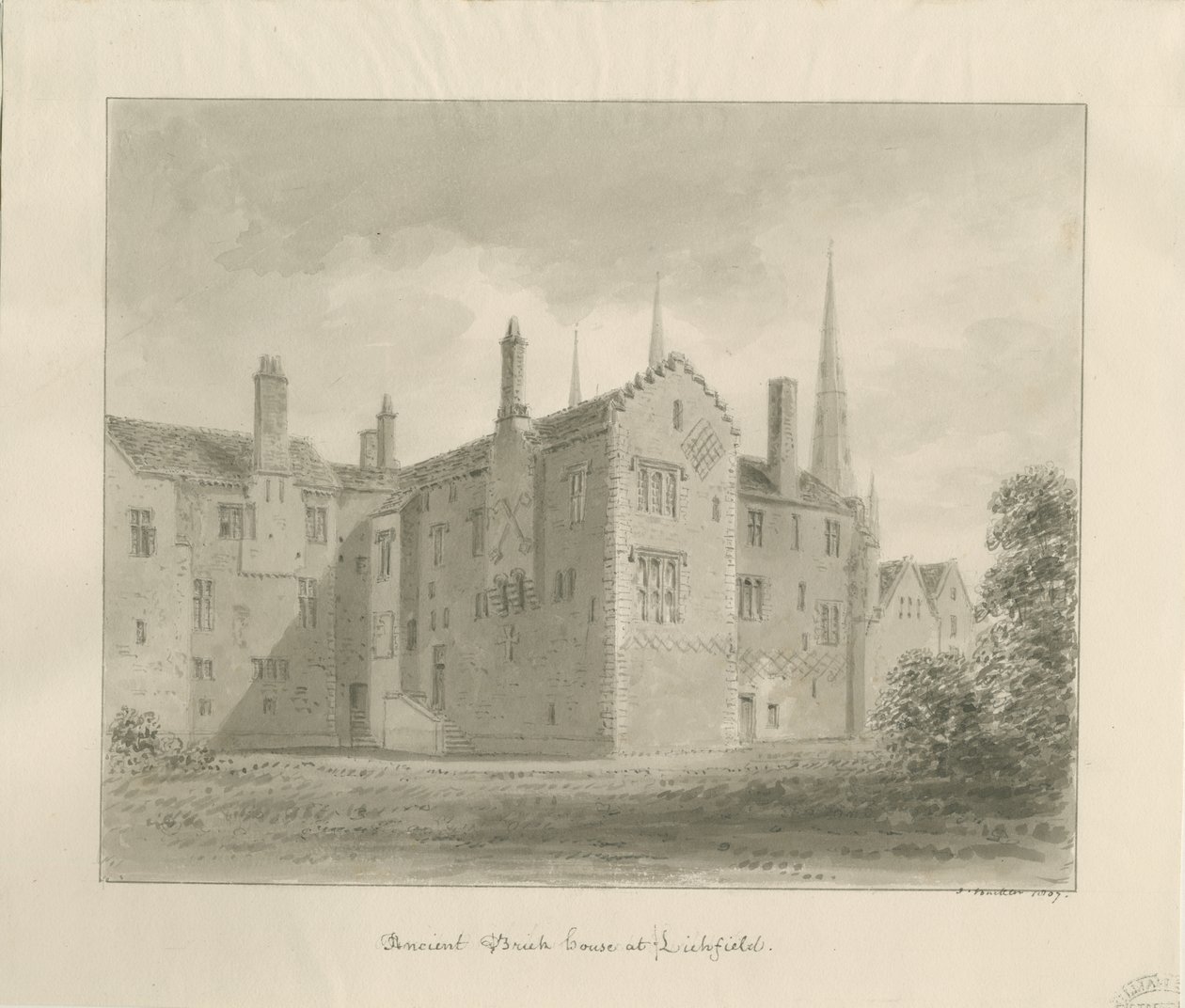 Lichfield - Old House in The Close: rysunek w sepii autorstwa John Buckler