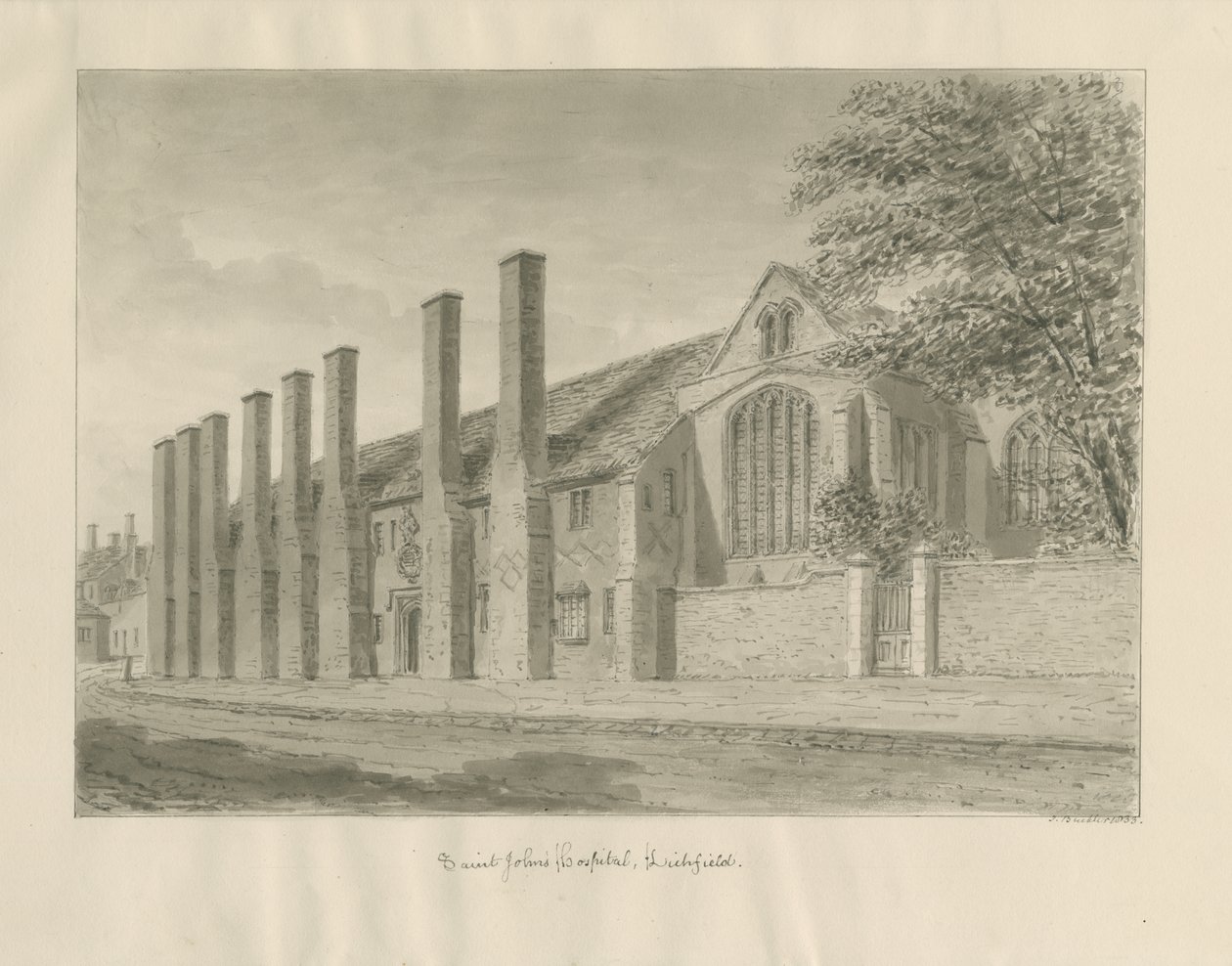 Lichfield - Szpital i Kaplica św. Jana: rysunek w sepii autorstwa John Buckler