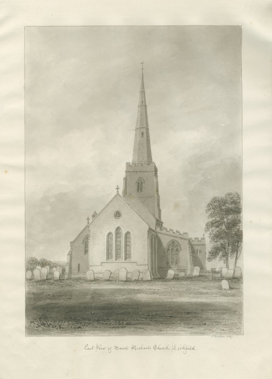 Lichfield - Kościół św. Michała: rysunek w sepii autorstwa John Buckler