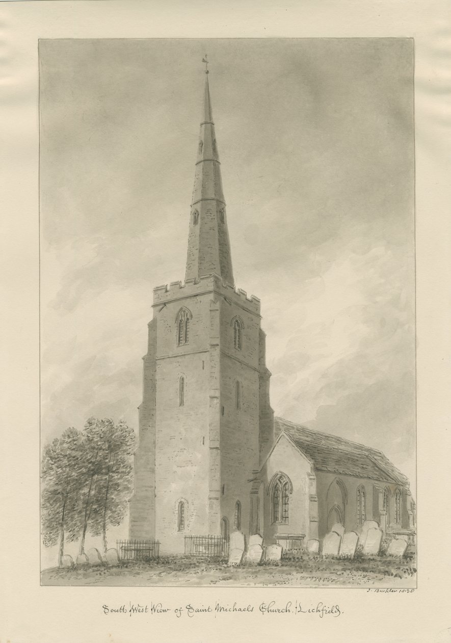 Lichfield - Kościół św. Michała: rysunek w sepii autorstwa John Buckler
