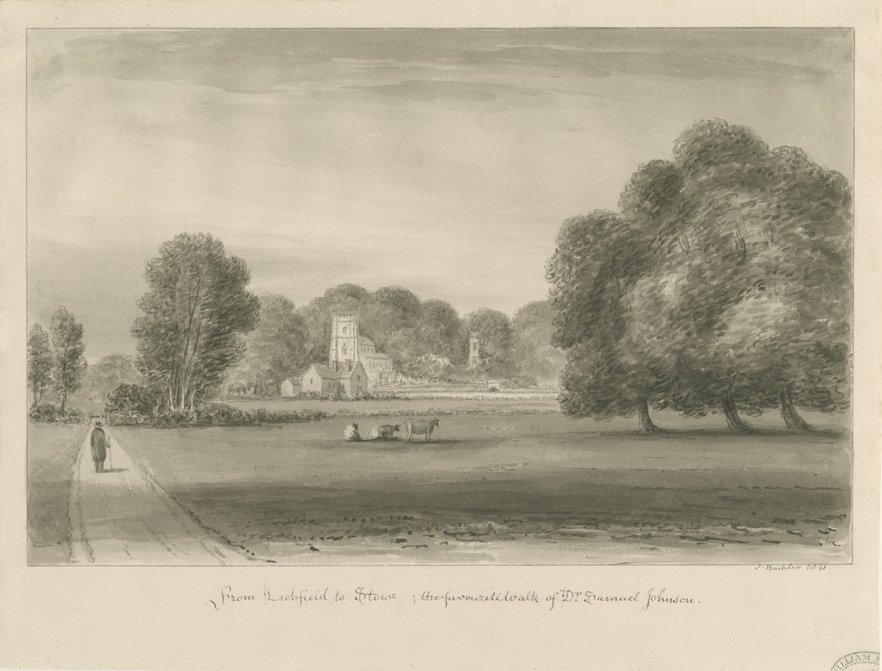 Lichfield - Stowe: rysunek w sepii, 1841 autorstwa John Buckler
