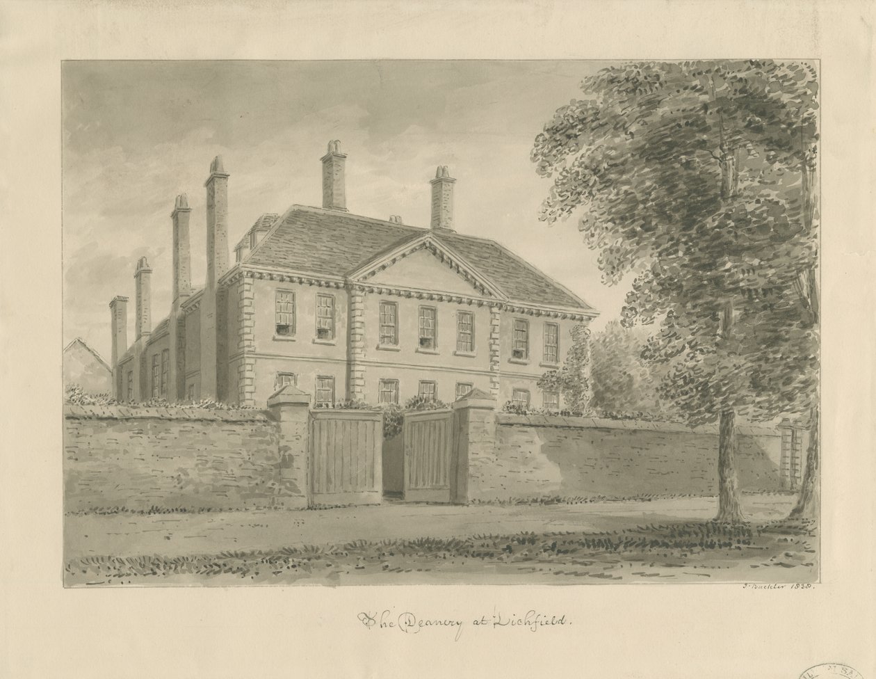 Lichfield - Dekanat in The Close: rysunek w sepii, 1838 autorstwa John Buckler