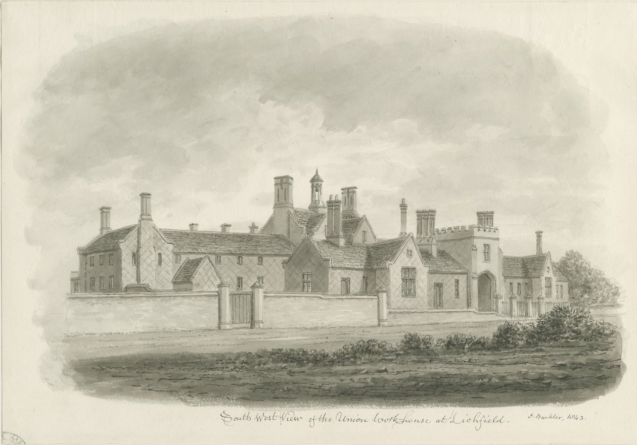Lichfield - Union Workhouse: rysunek w sepii autorstwa John Buckler