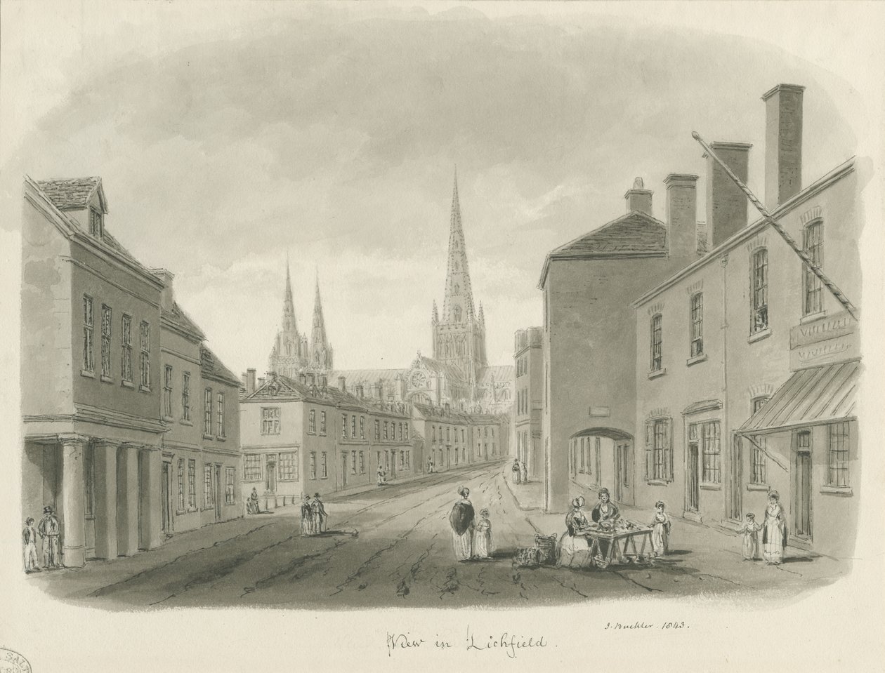 Lichfield - Widok ulicy: rysunek w sepii, 1843 autorstwa John Buckler