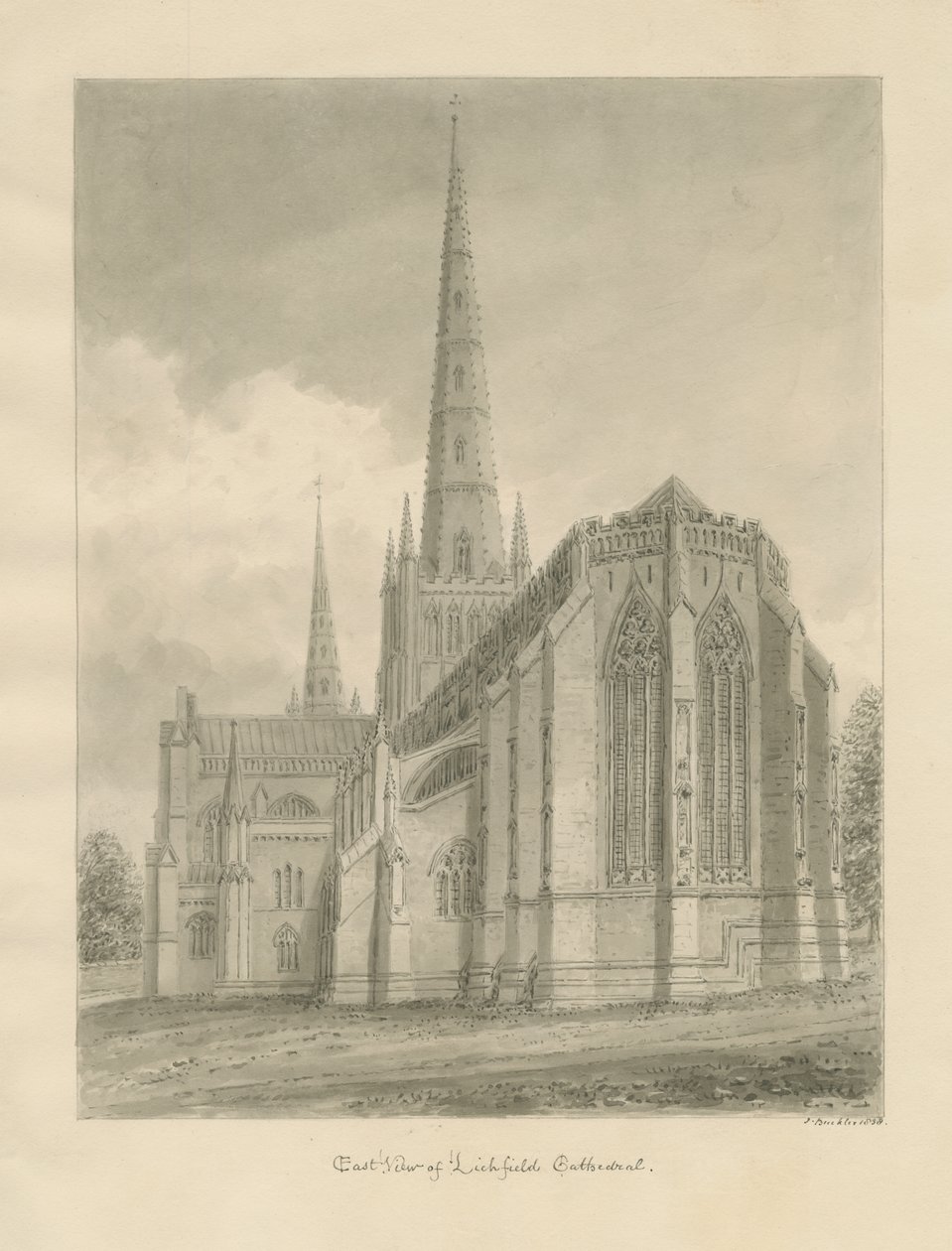 Katedra w Lichfield - widok na wschód: rysunek w sepii, 1838 r. autorstwa John Buckler