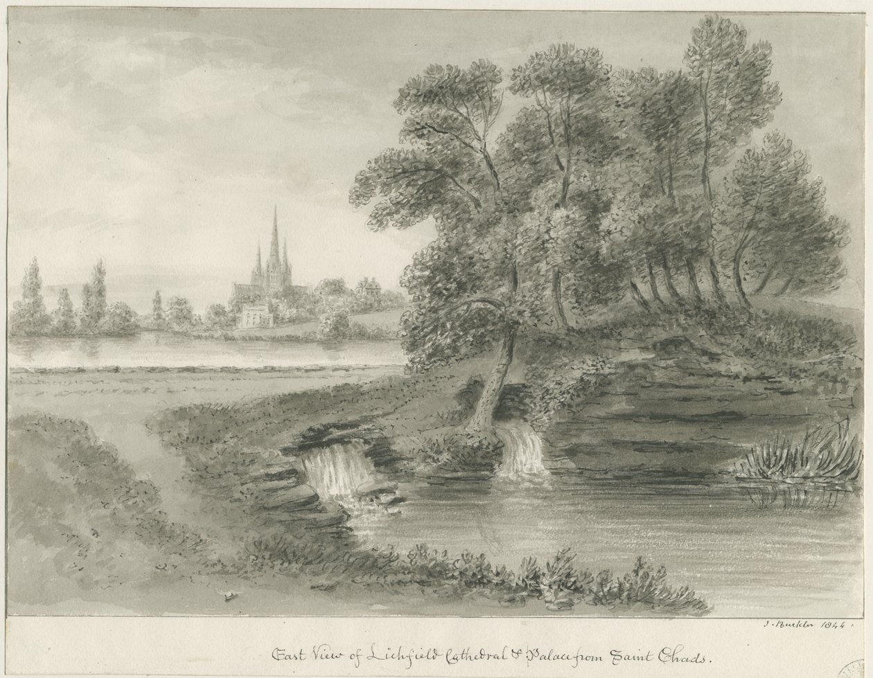 Katedra w Lichfield - widok na wschód: rysunek w sepii, 1844 autorstwa John Buckler