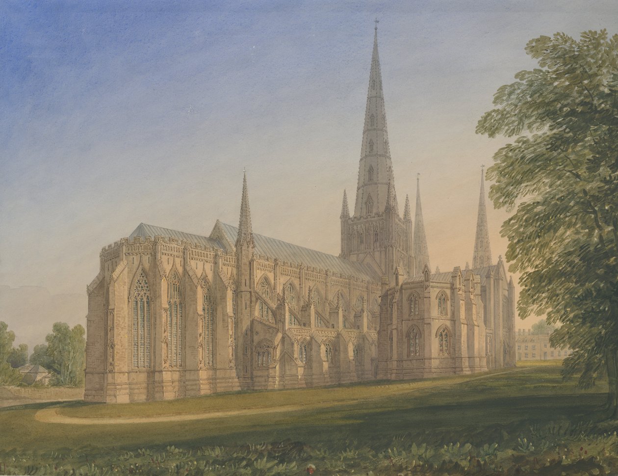 Katedra w Lichfield - widok północno-wschodni: malarstwo akwarela, nd [1770-1851] autorstwa John Buckler