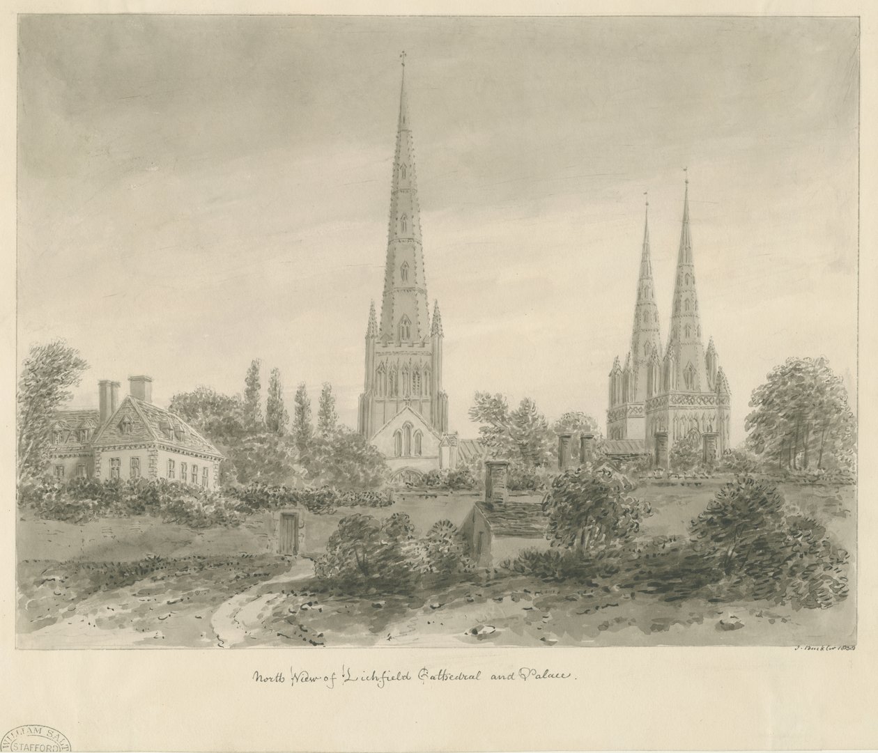 Katedra w Lichfield - widok północny: rysunek w sepii, 1838 r. autorstwa John Buckler
