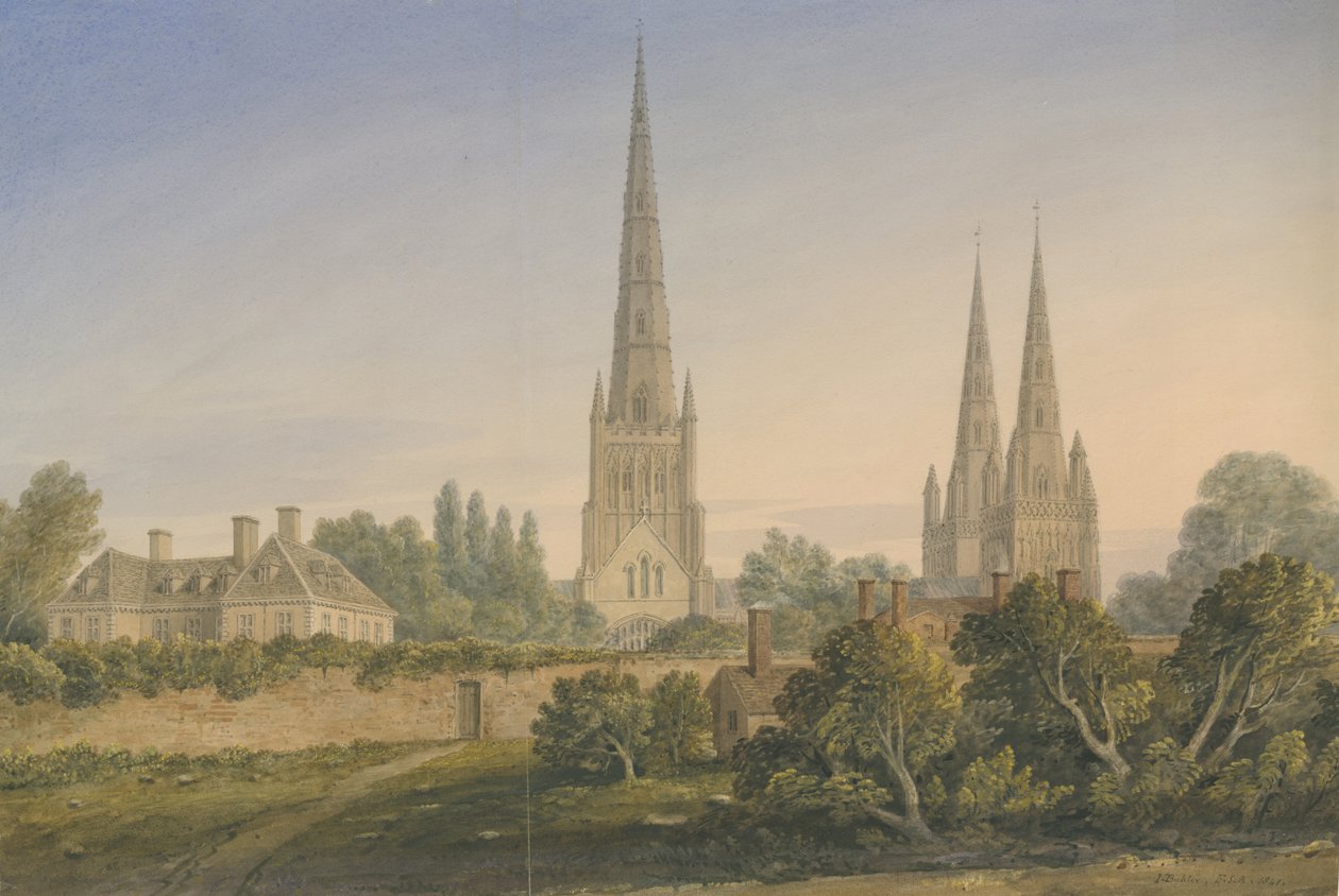 Katedra w Lichfield - widok północny: akwarela, 1841 autorstwa John Buckler