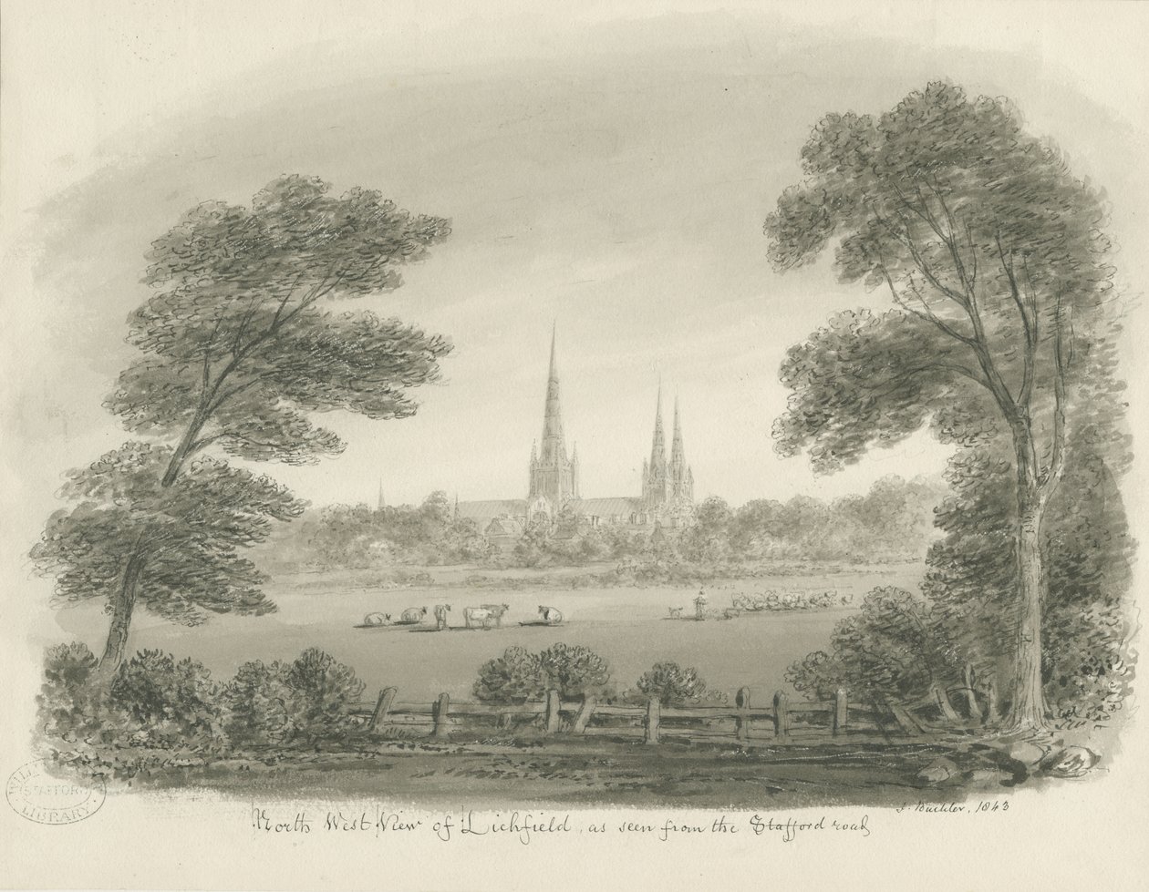 Katedra w Lichfield — widok na północny zachód (odległy): rysunek w sepii autorstwa John Buckler