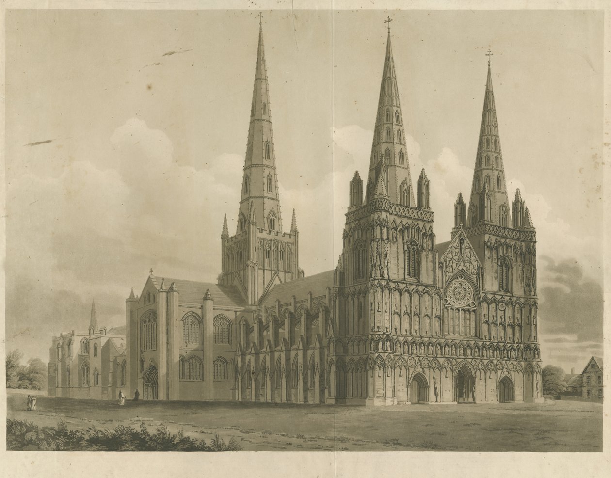 Katedra w Lichfield - widok na północny zachód: grawerunek akwatinty, bd [1807] autorstwa John Buckler