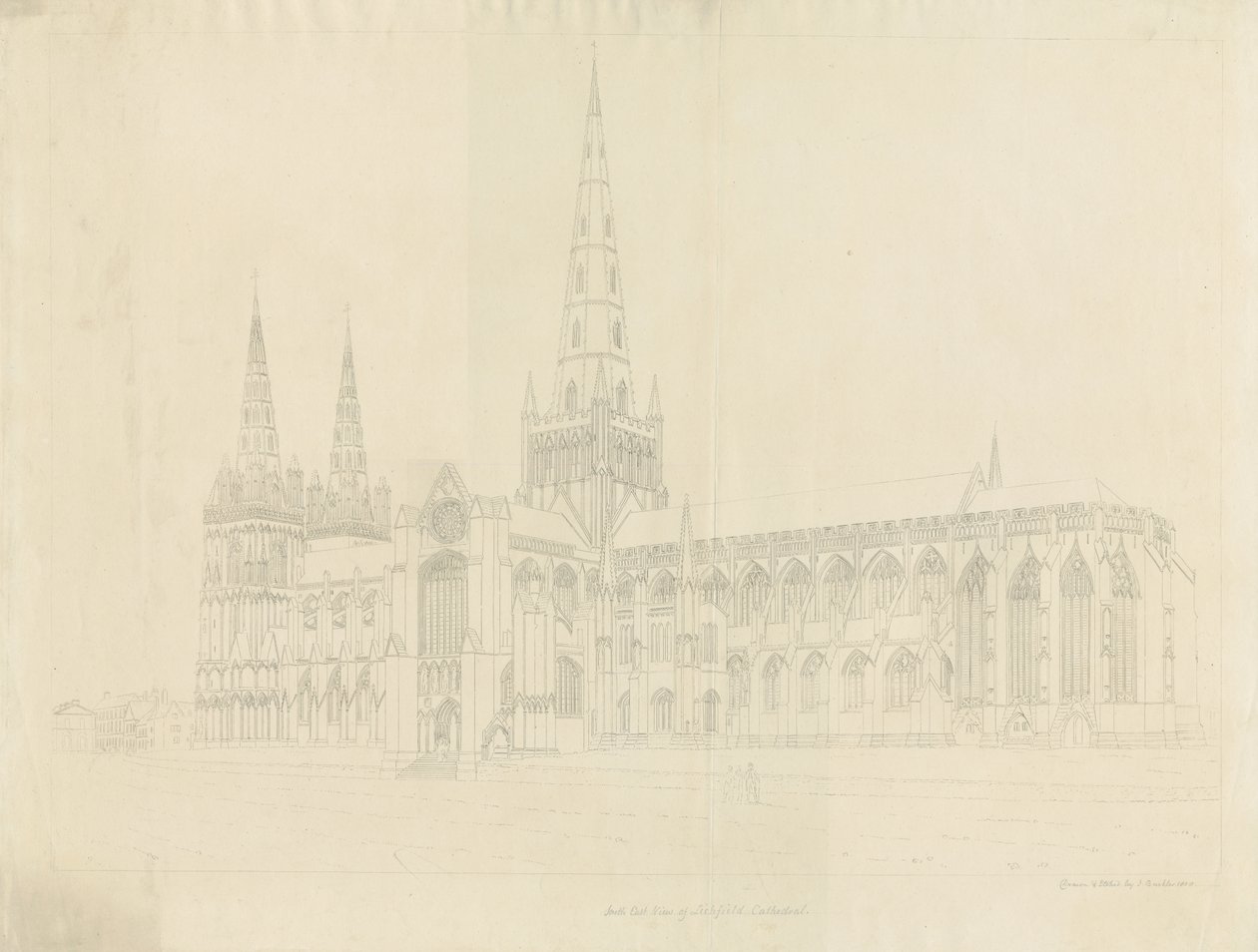 Katedra w Lichfield - widok południowo-wschodni: akwaforta konturowa, nd [1808] autorstwa John Buckler