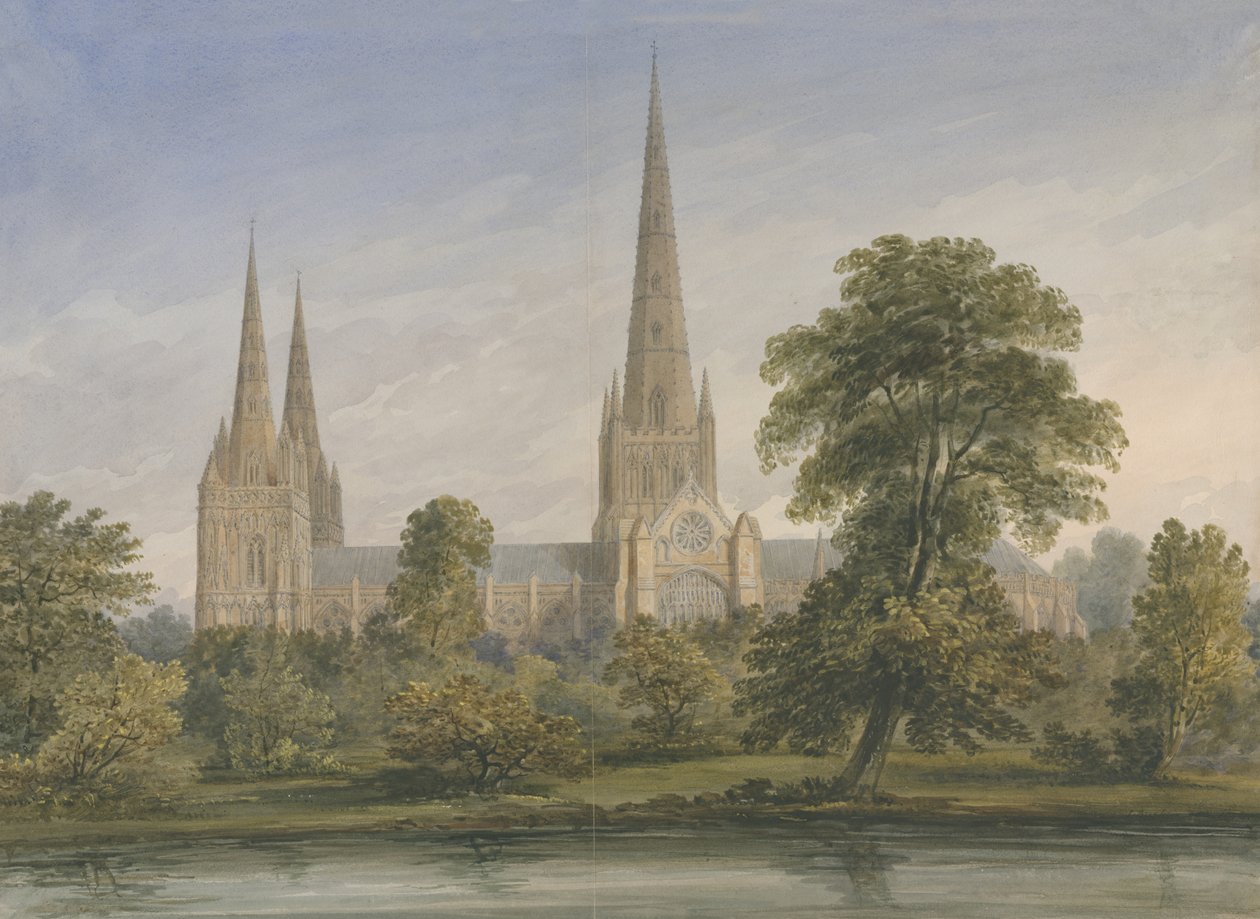 Katedra w Lichfield - widok na południowy wschód: malarstwo akwarelowe, nd [?1842] autorstwa John Buckler