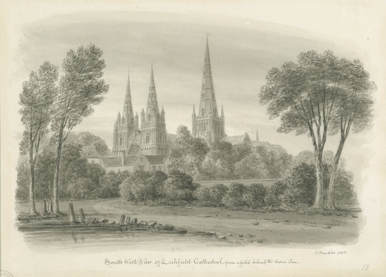 Katedra w Lichfield - południowy zachód Widok: rysunek w sepii autorstwa John Buckler