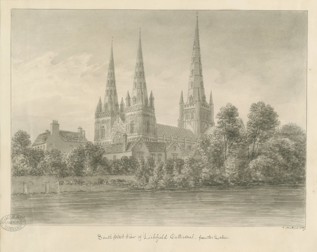 Katedra w Lichfield - południowy zachód Widok: rysunek w sepii autorstwa John Buckler