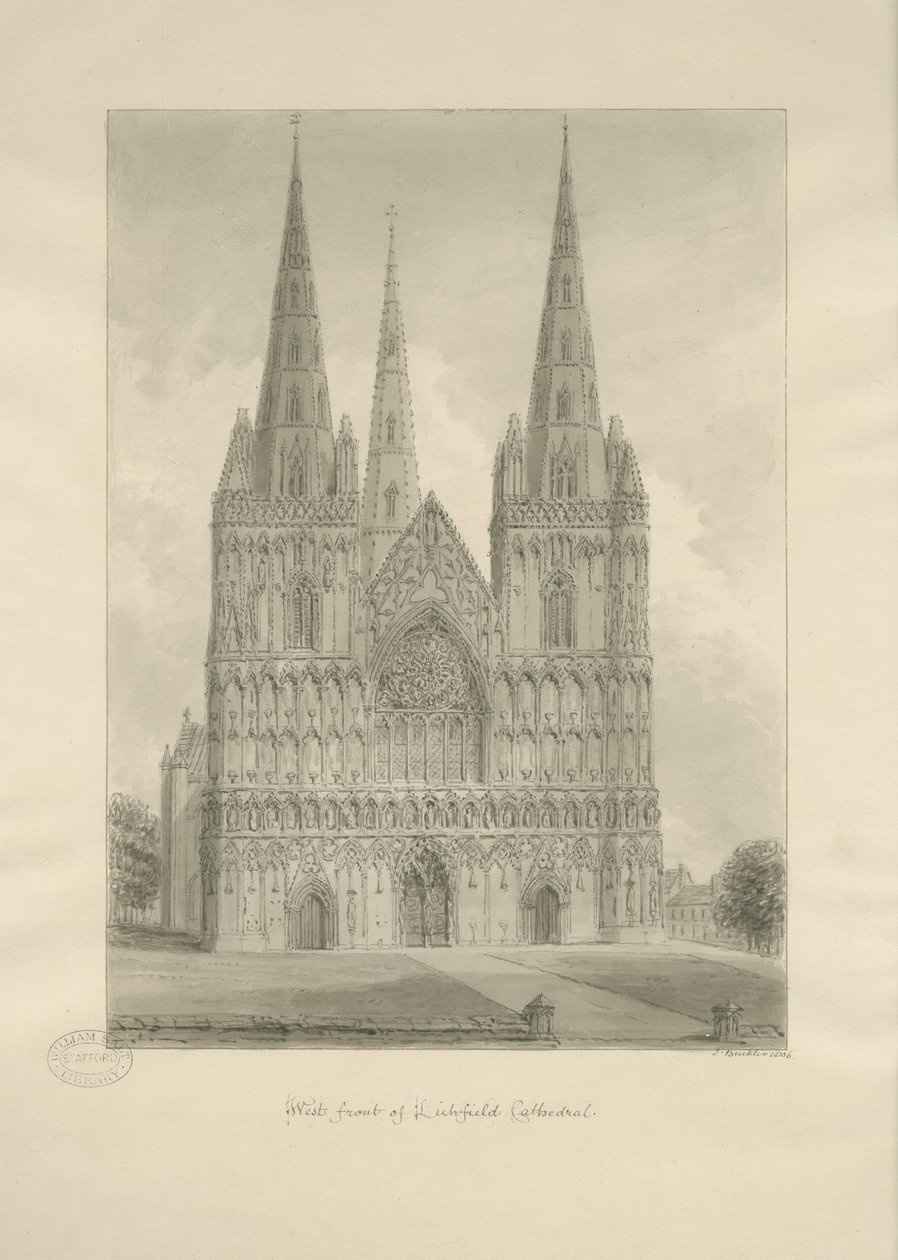 Katedra w Lichfield - front zachodni: rysunek w sepii, 1806 r. autorstwa John Buckler