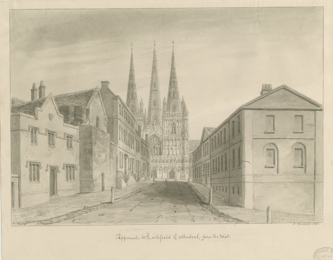 Katedra w Lichfield: rysunek w sepii autorstwa John Buckler