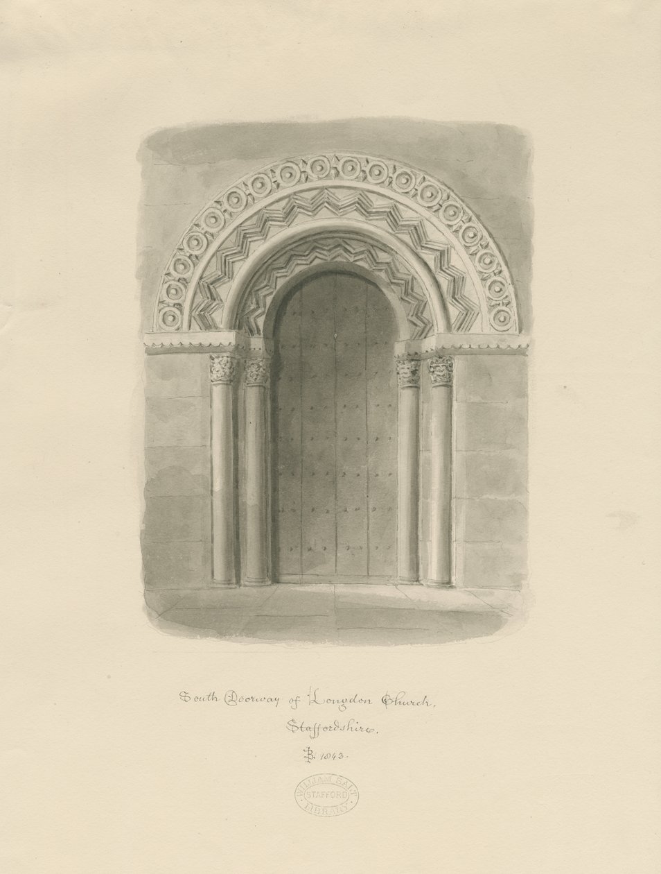 Longdon Church - South Doorway: rysunek w sepii autorstwa John Buckler