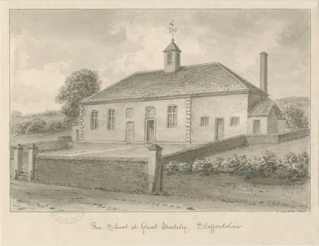 Madeley - Wolna szkoła: rysunek w sepii, 1840 autorstwa John Buckler