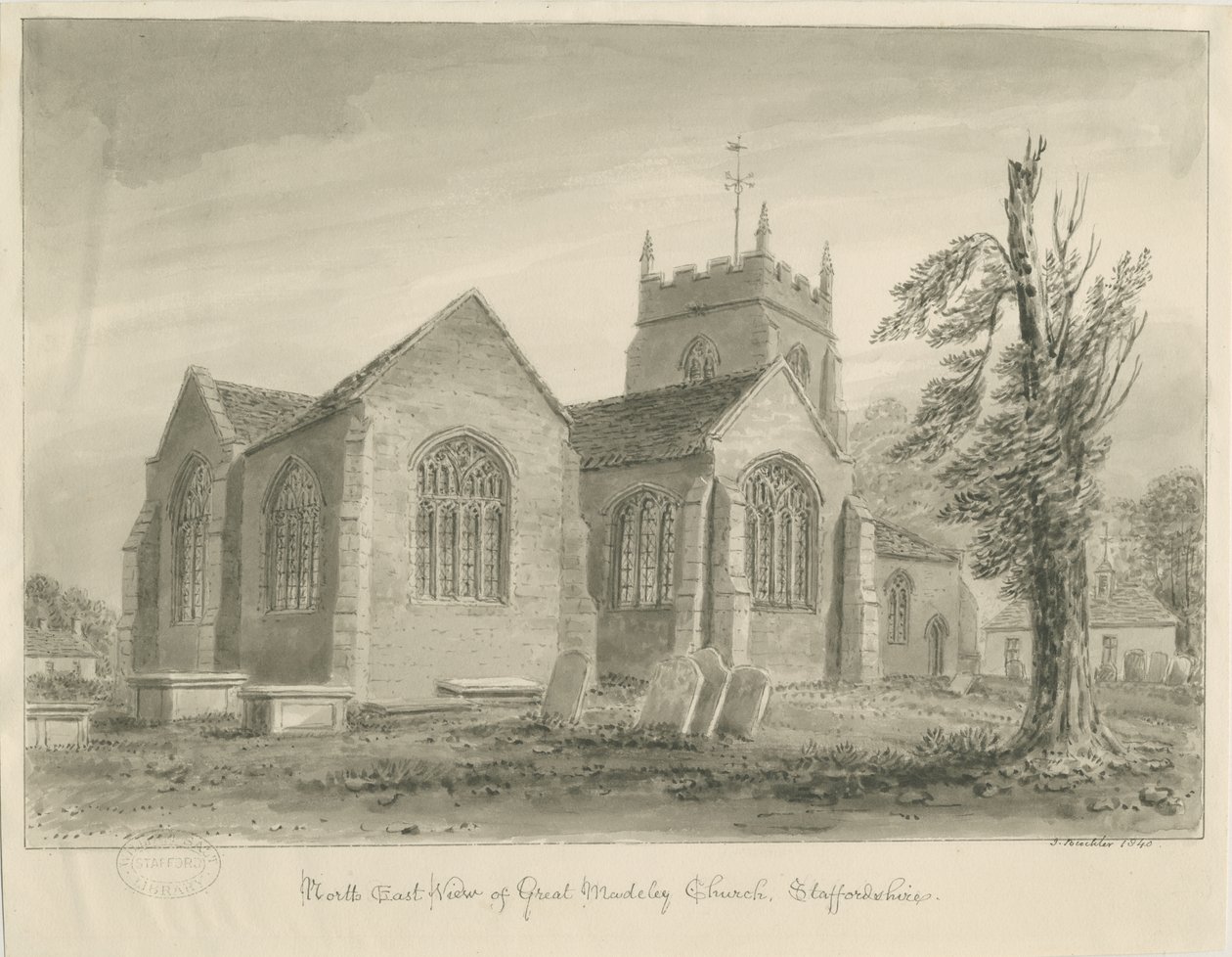 Madeley Church: rysunek w sepii autorstwa John Buckler