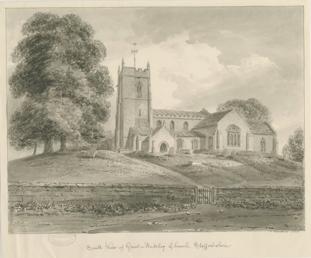Madeley Church: rysunek w sepii autorstwa John Buckler