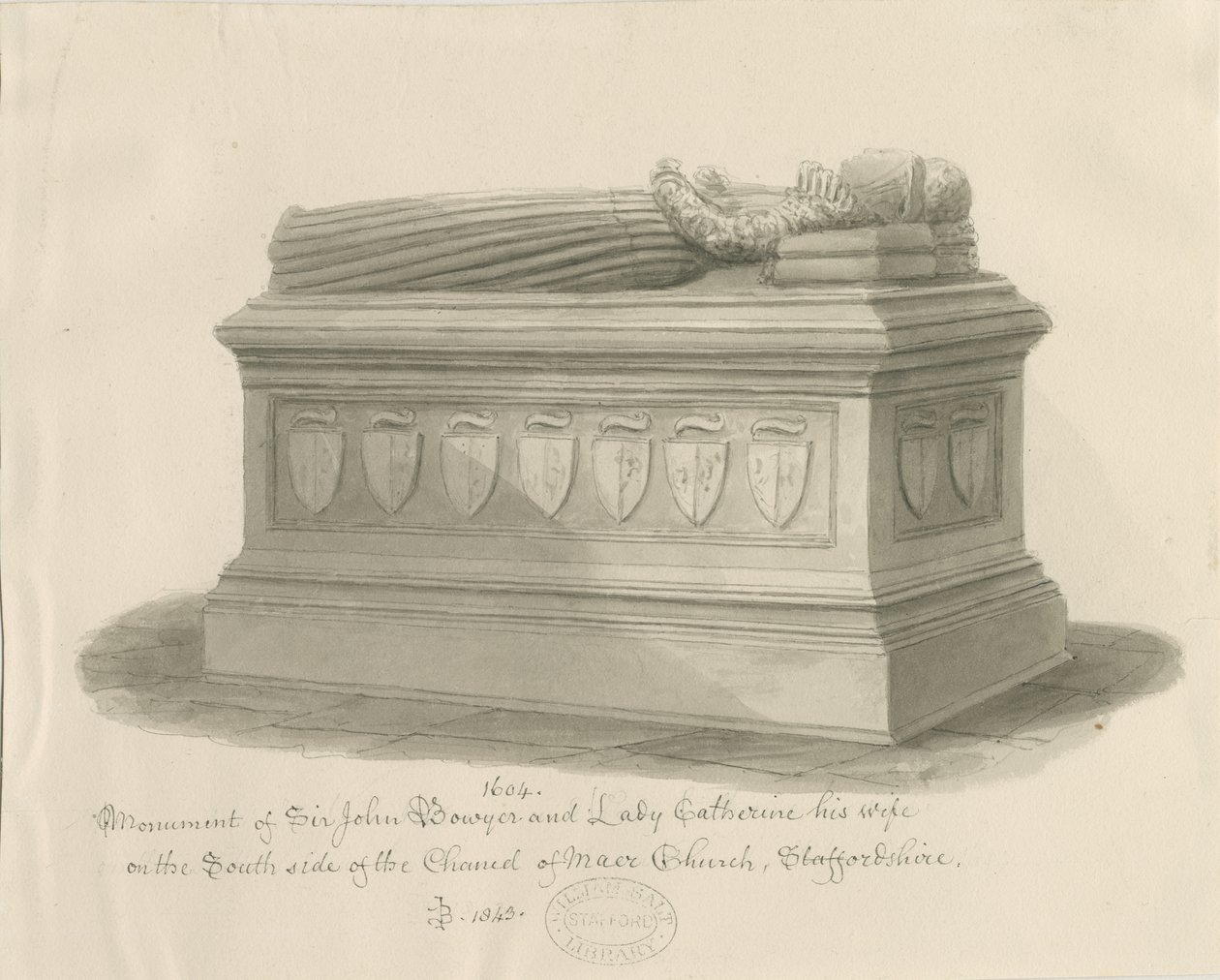 Kościół Maer - Pomnik Sir Johna Bowyera i Lady Katarzyny: rysunek w sepii, 1843 autorstwa John Buckler