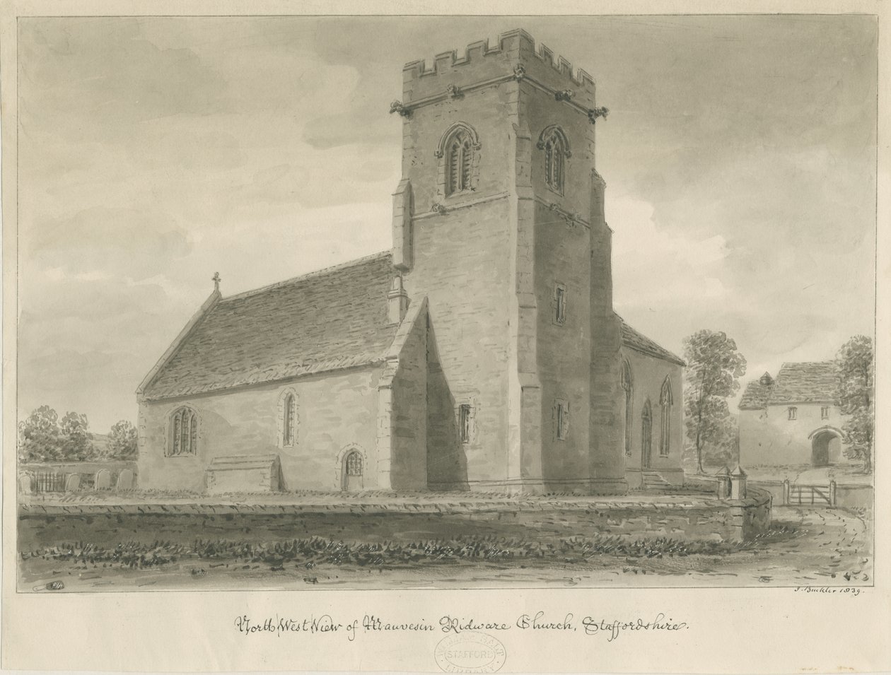 Kościół Mavesyn Ridware: rysunek w sepii, 1839 autorstwa John Buckler