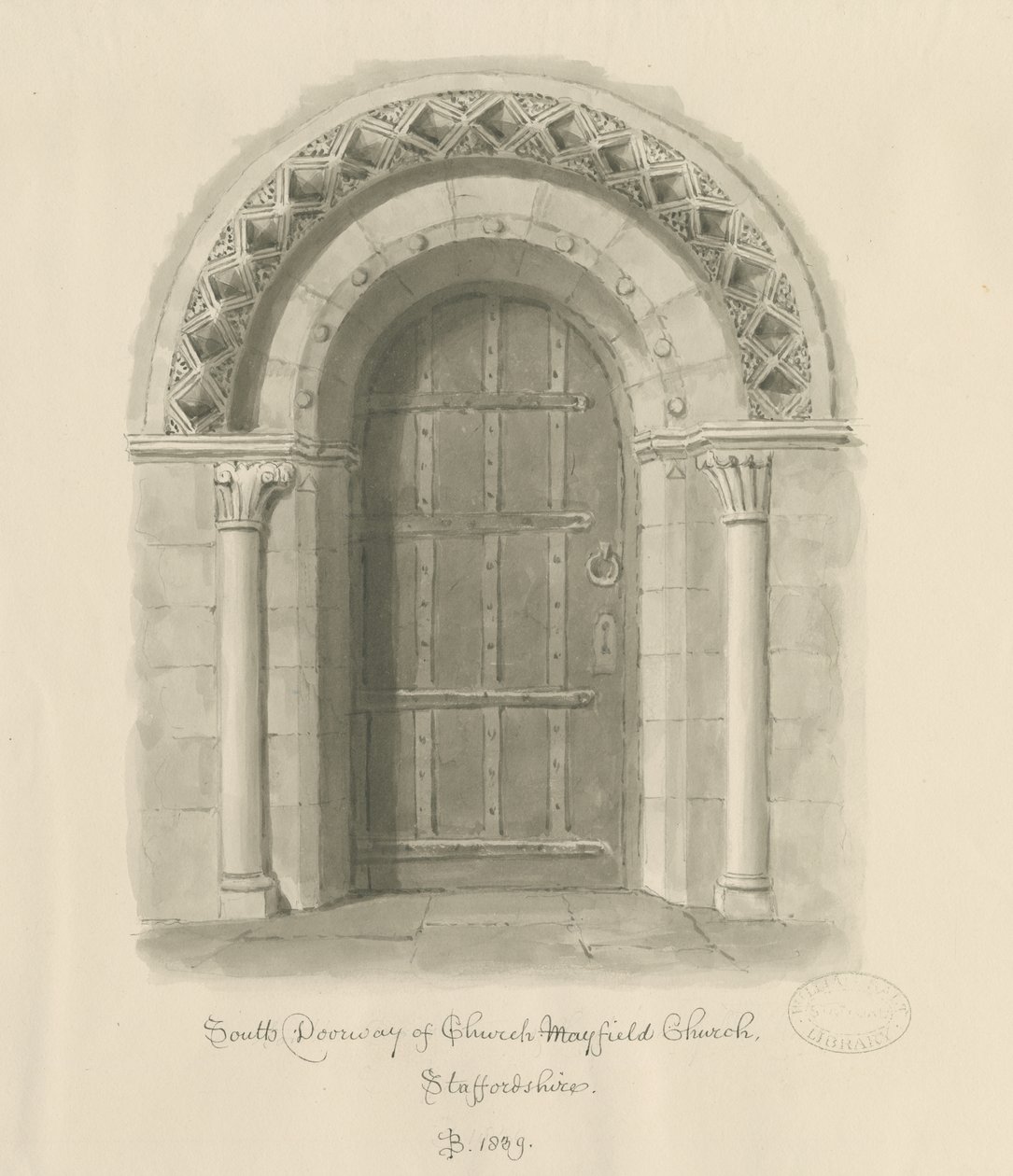 Mayfield Church - South Doorway: rysunek rozmyty w sepii, 1839 autorstwa John Buckler