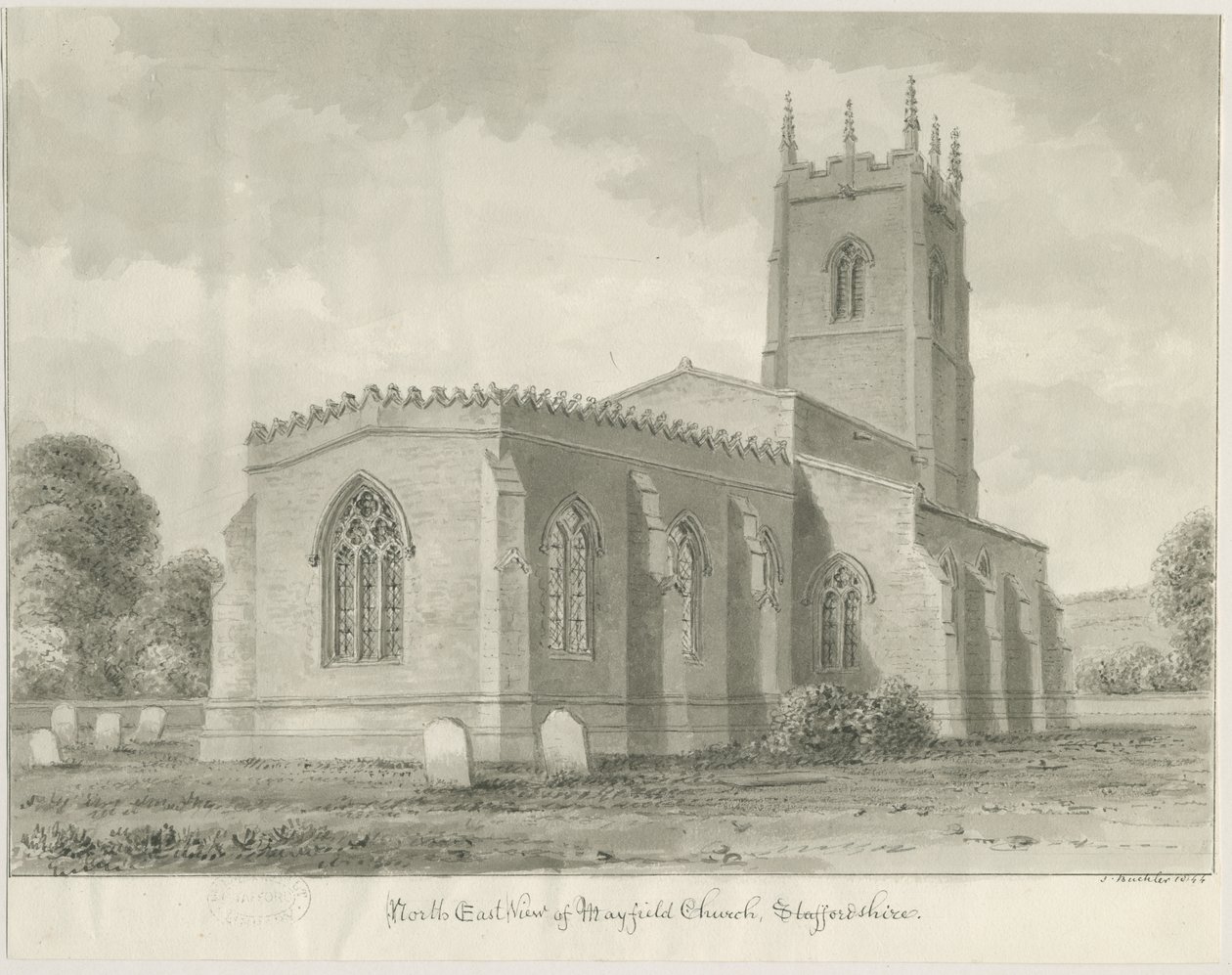 Kościół Mayfield: rysunek w sepii, 1844 autorstwa John Buckler