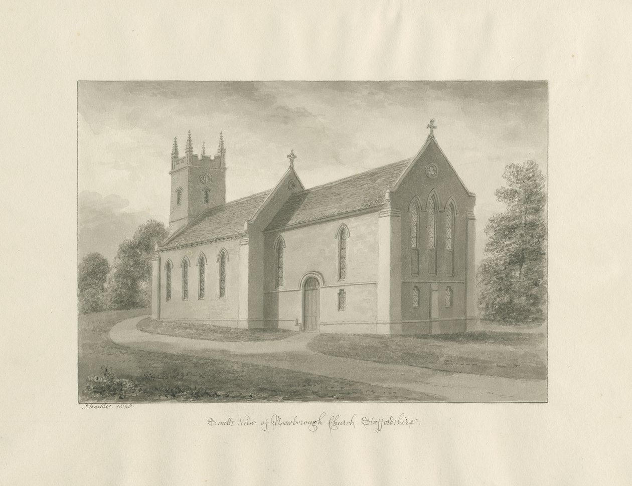 Newborough Church: rysunek w sepii autorstwa John Buckler