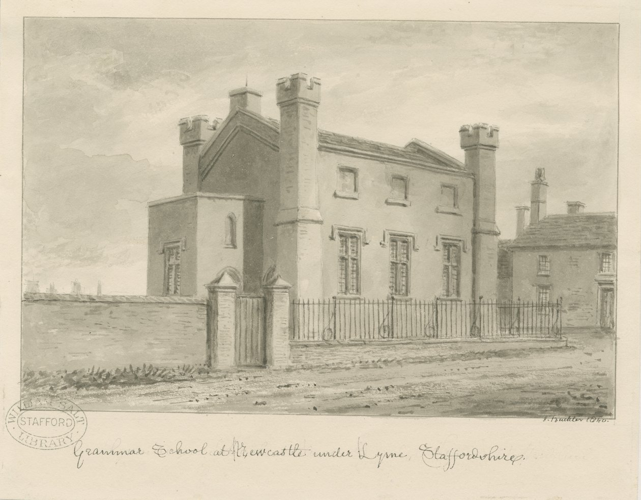 Newcastle-under-Lyme - Gimnazjum: rysunek w sepii, 1840 autorstwa John Buckler