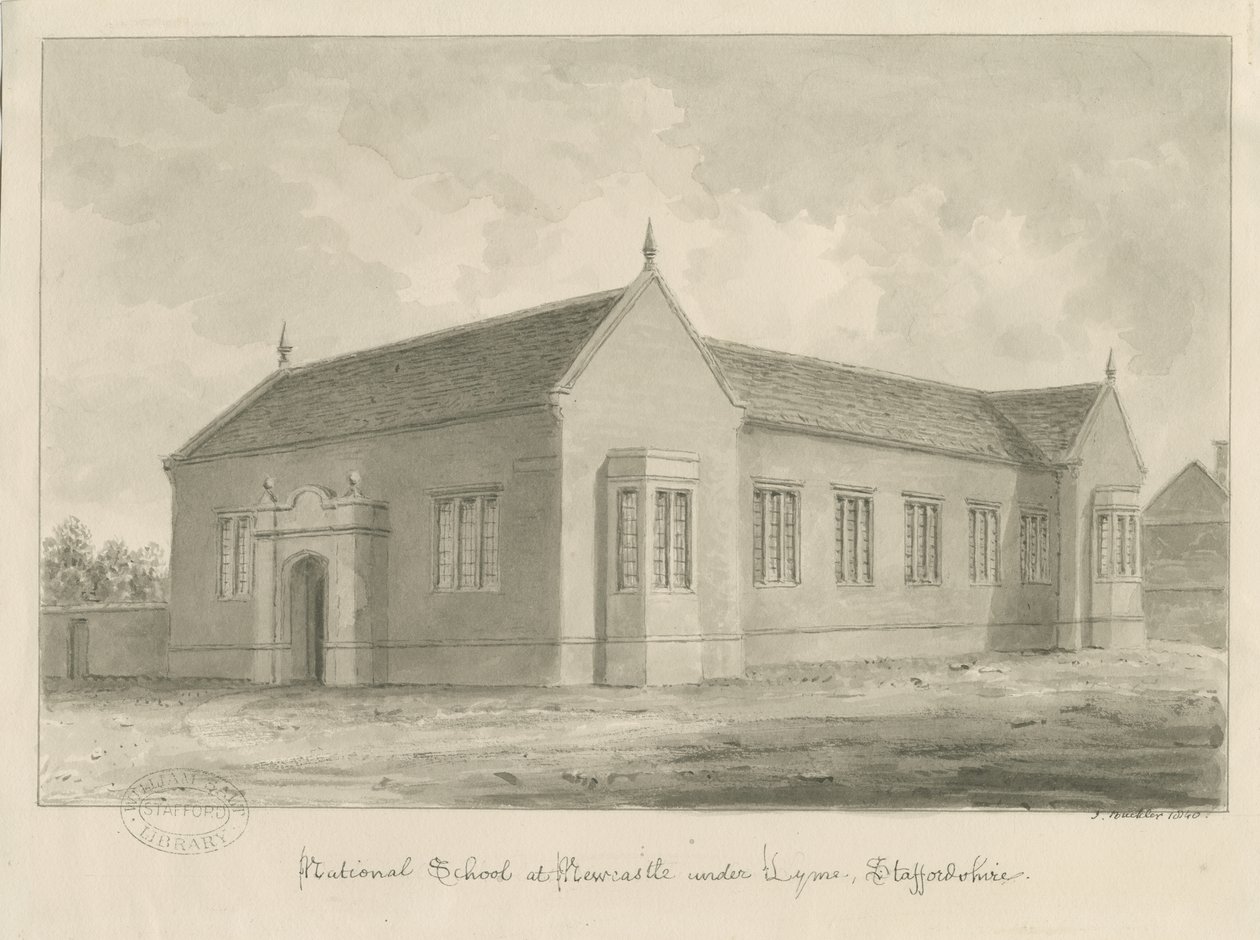 Newcastle-under-Lyme - National School: rysunek w sepii autorstwa John Buckler