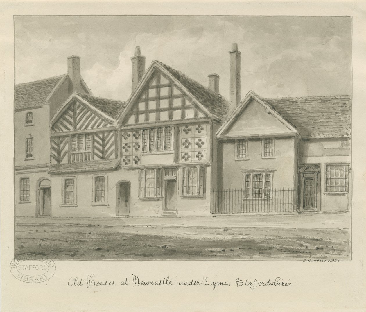 Newcastle-under-Lyme - Stare domy: rysunek w sepii, 1840 autorstwa John Buckler