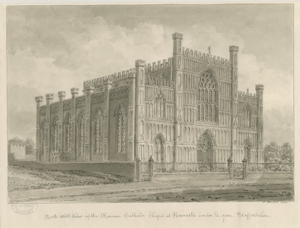 Newcastle-under-Lyme – Kaplica rzymskokatolicka: rysunek w odcieniu sepii, 1840 autorstwa John Buckler