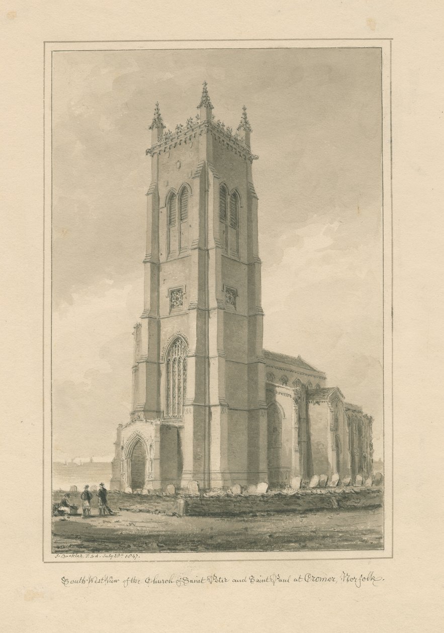 Norfolk - Cromer - Kościół św. Piotra i Pawła: rysunek w sepii, 1847 autorstwa John Buckler