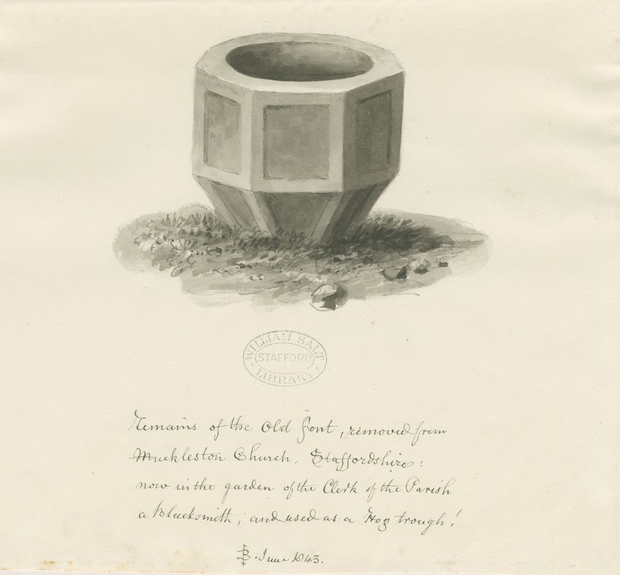 Stara czcionka z kościoła w Mucklestone: rysunek w odcieniu sepii, czerwiec 1843 (rysunek) autorstwa John Buckler
