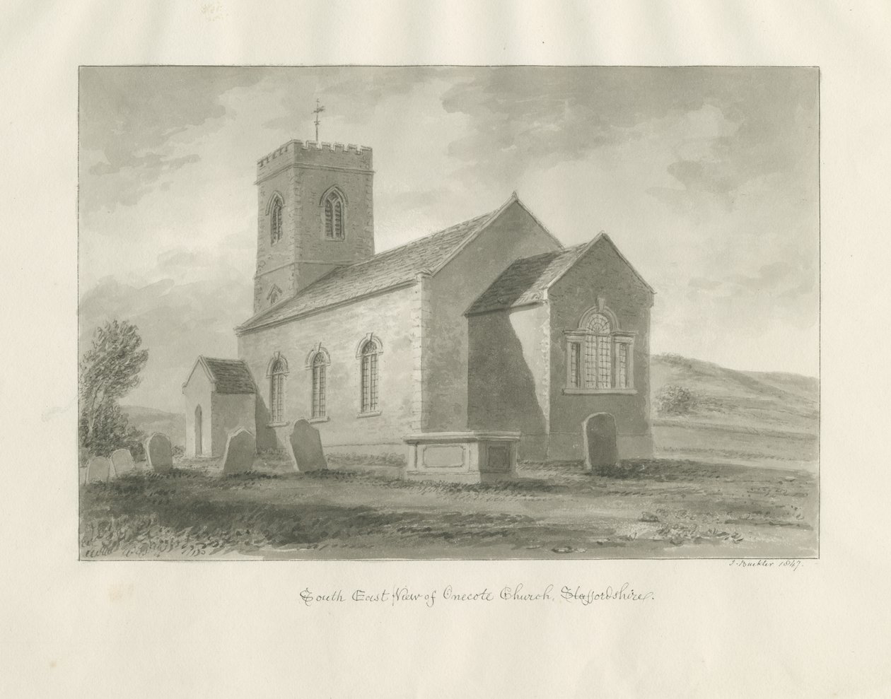 Onecote Church: rysunek w odcieniu sepii, 1847 autorstwa John Buckler