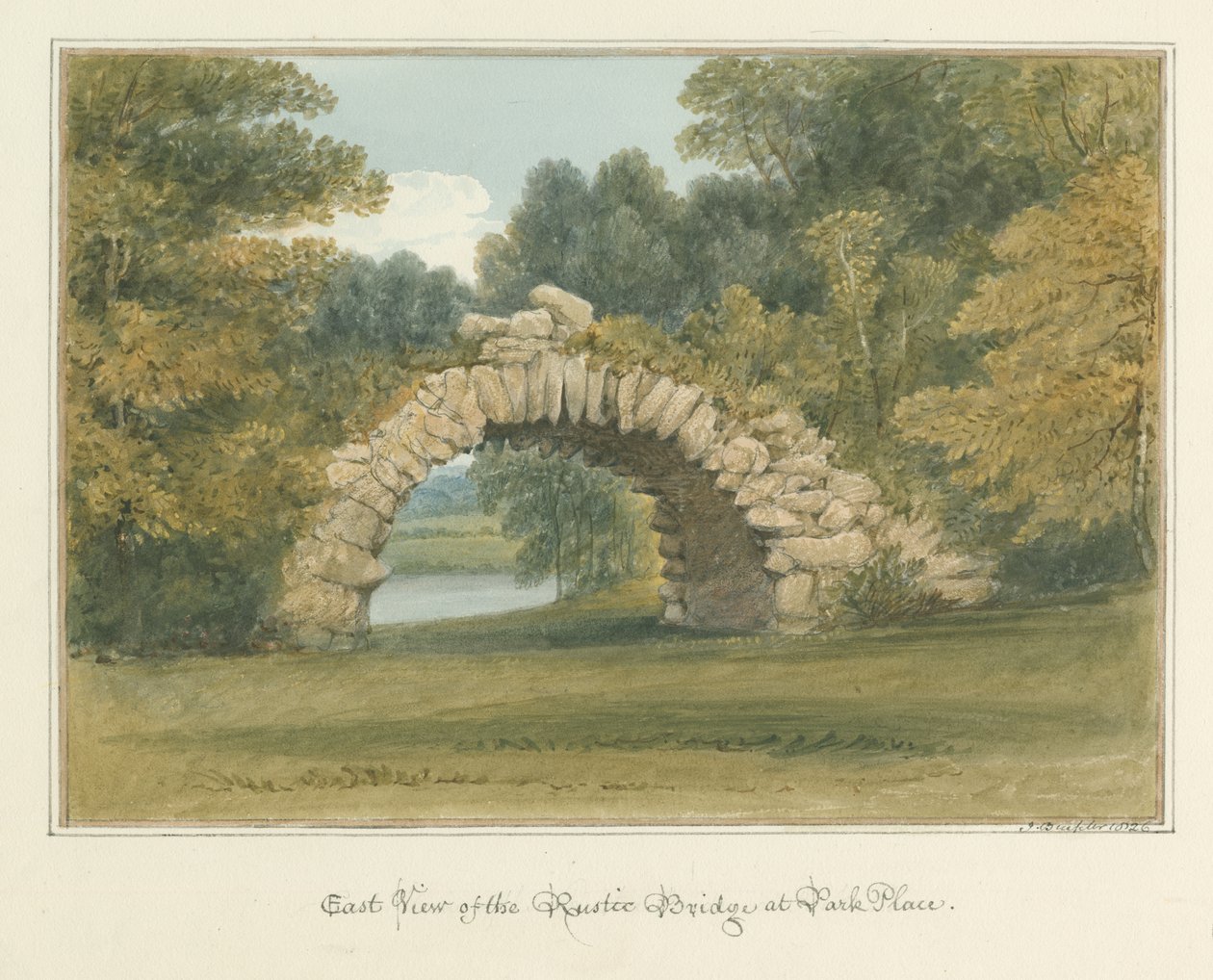 Oxfordshire – Henley upon Thames – Rustykalny most w Park Place, 1826 autorstwa John Buckler