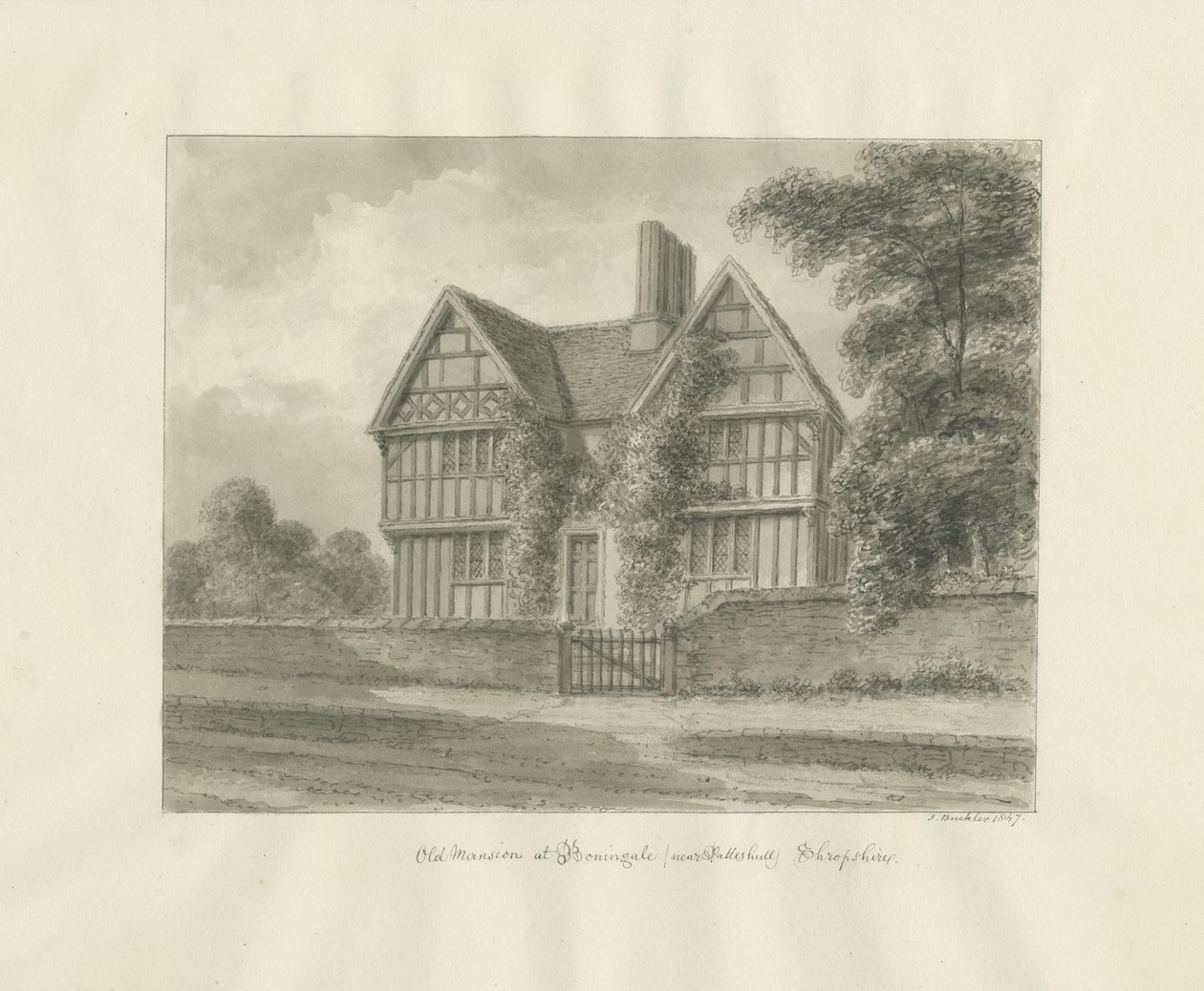 Patshull - Old Mansion at Boningale: rysunek w kolorze sepii, 1847 autorstwa John Buckler