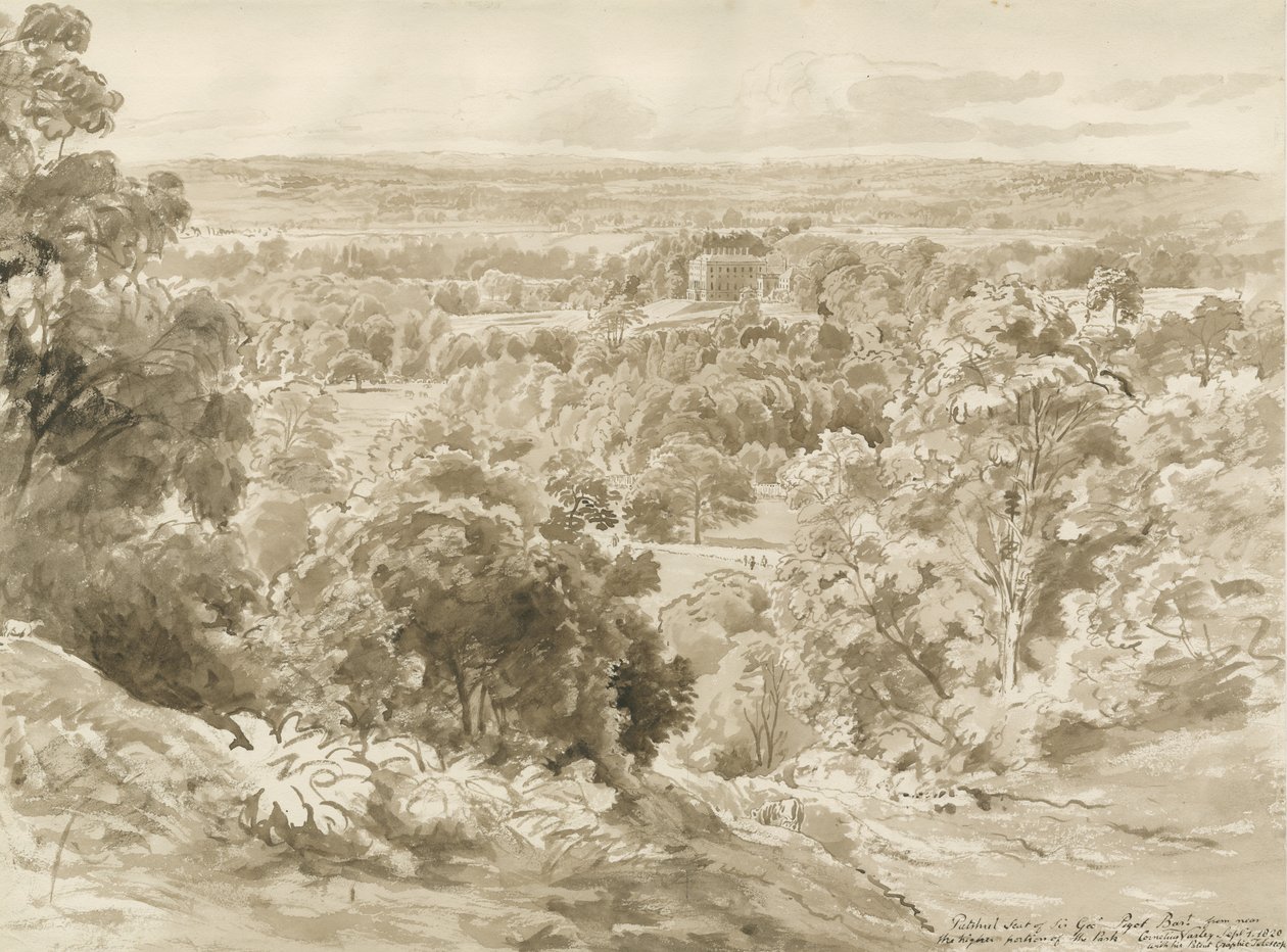 Patshull House and Park: rysunek w sepii autorstwa John Buckler