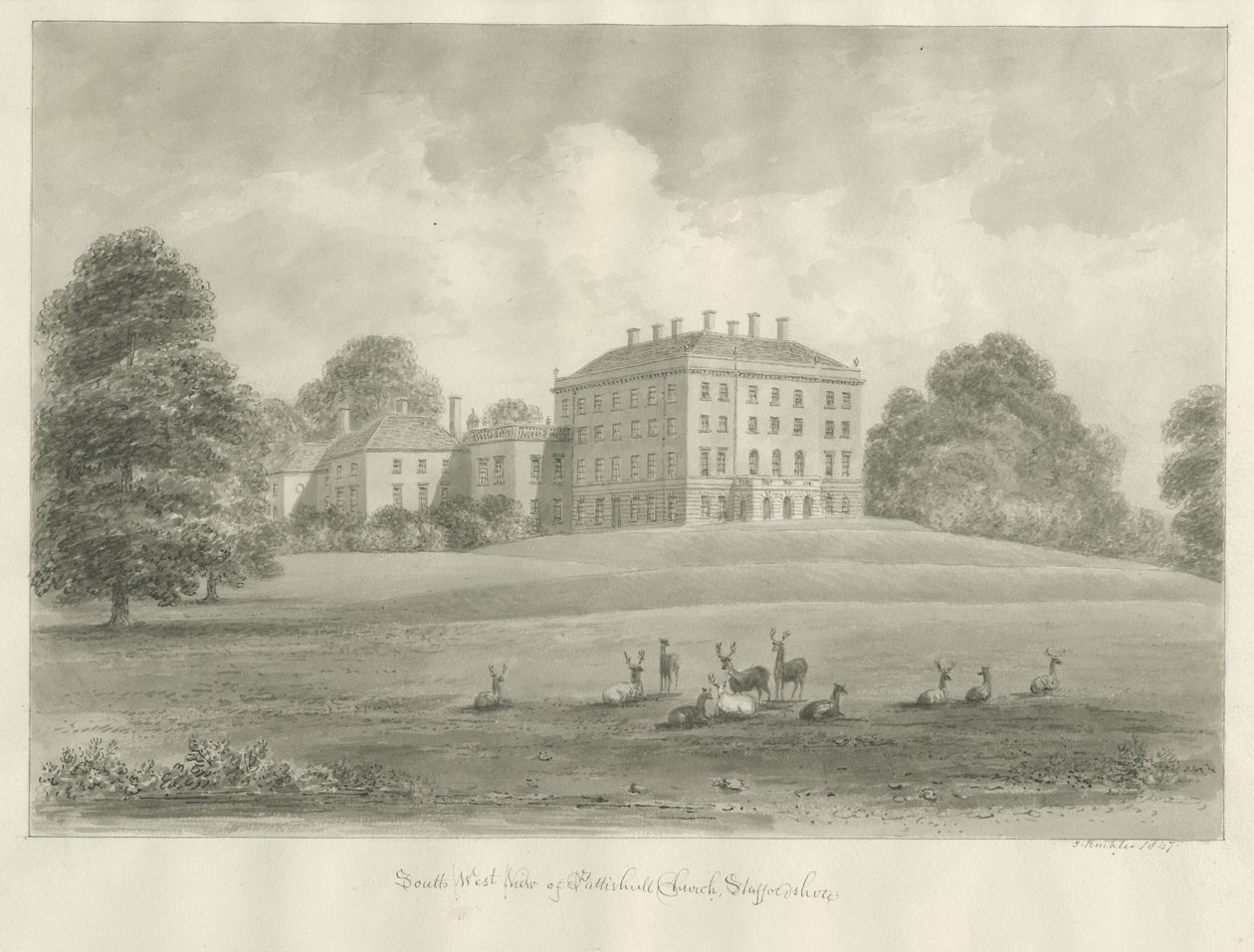 Patshull House: rysunek w sepii, 1847 autorstwa John Buckler