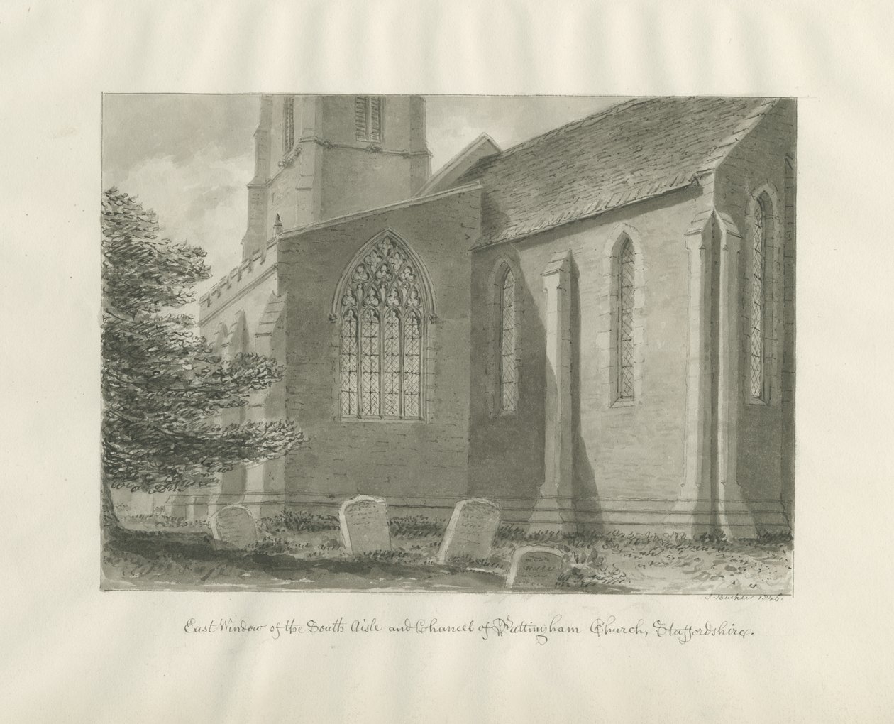 Pattingham Church - East Window: rysunek w sepii, 1846 autorstwa John Buckler