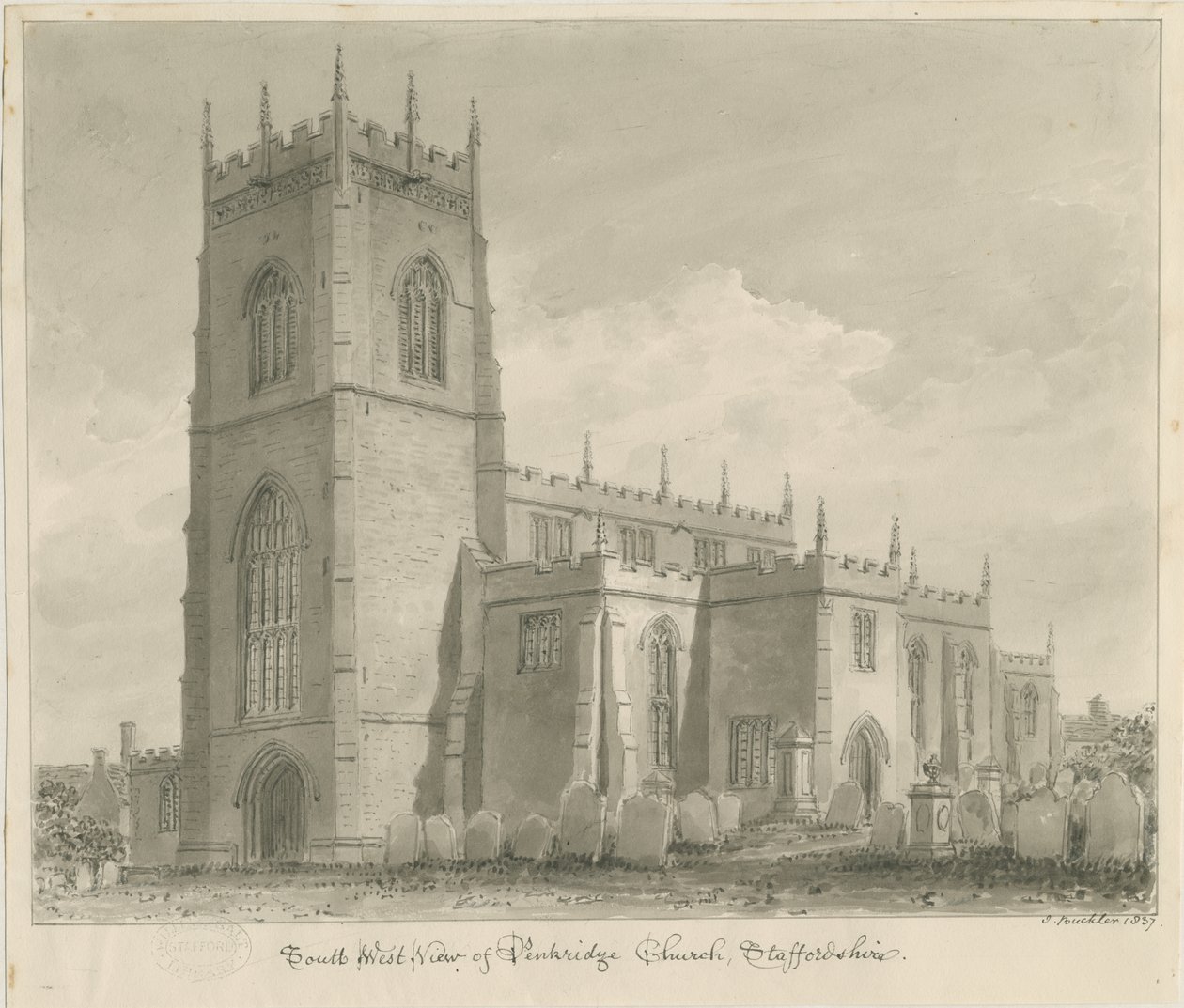 Kościół w Penkridge: rysunek w sepii, 1837 autorstwa John Buckler