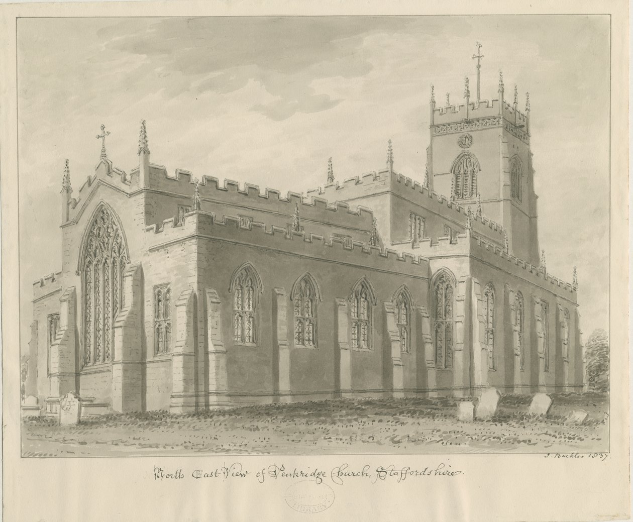 Kościół w Penkridge: rysunek w sepii, 1837 autorstwa John Buckler