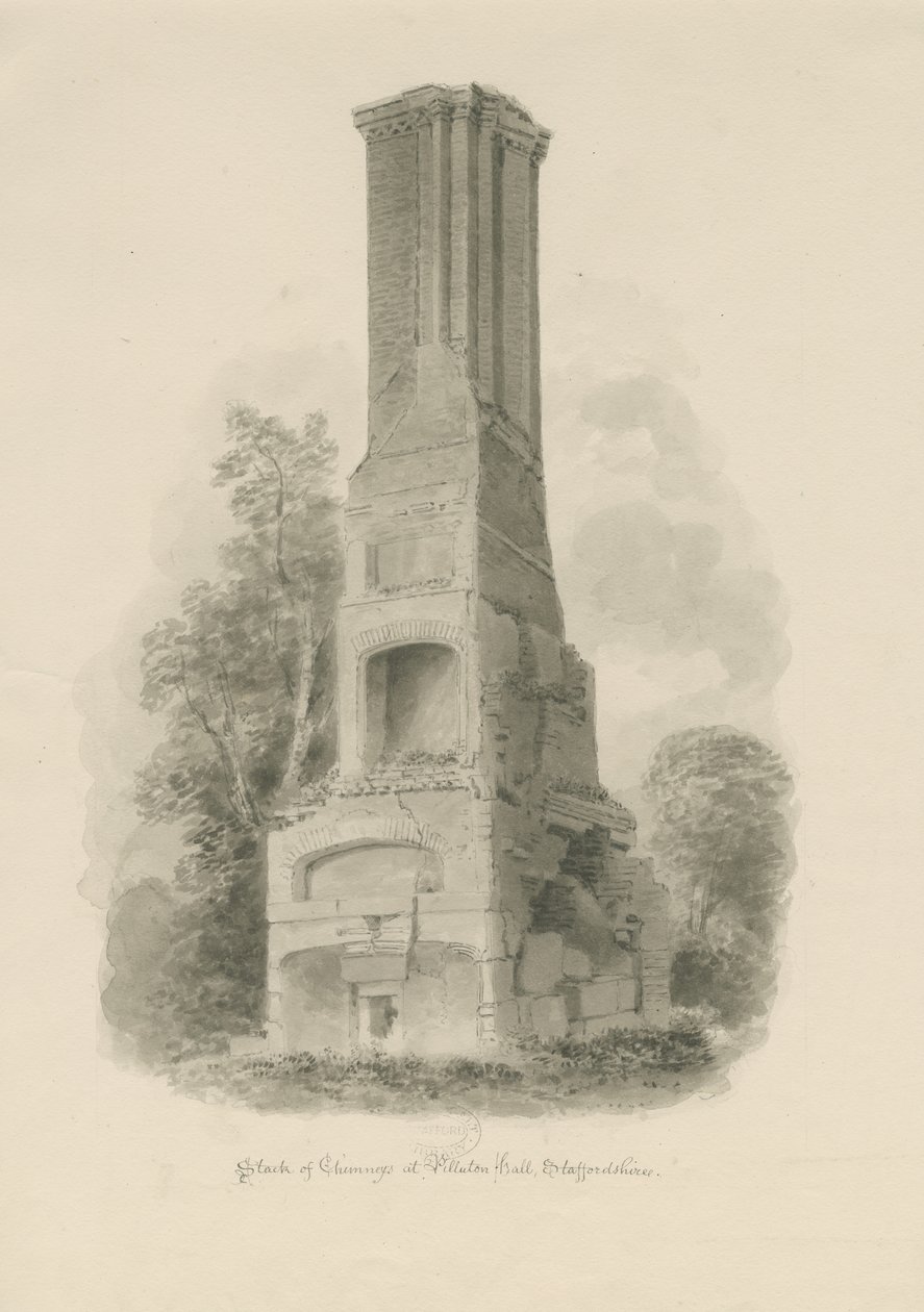 Pillaton Hall - kominek kuchenny: sepia rysunek (winietowany), bd [1841] (rysunek) autorstwa John Buckler