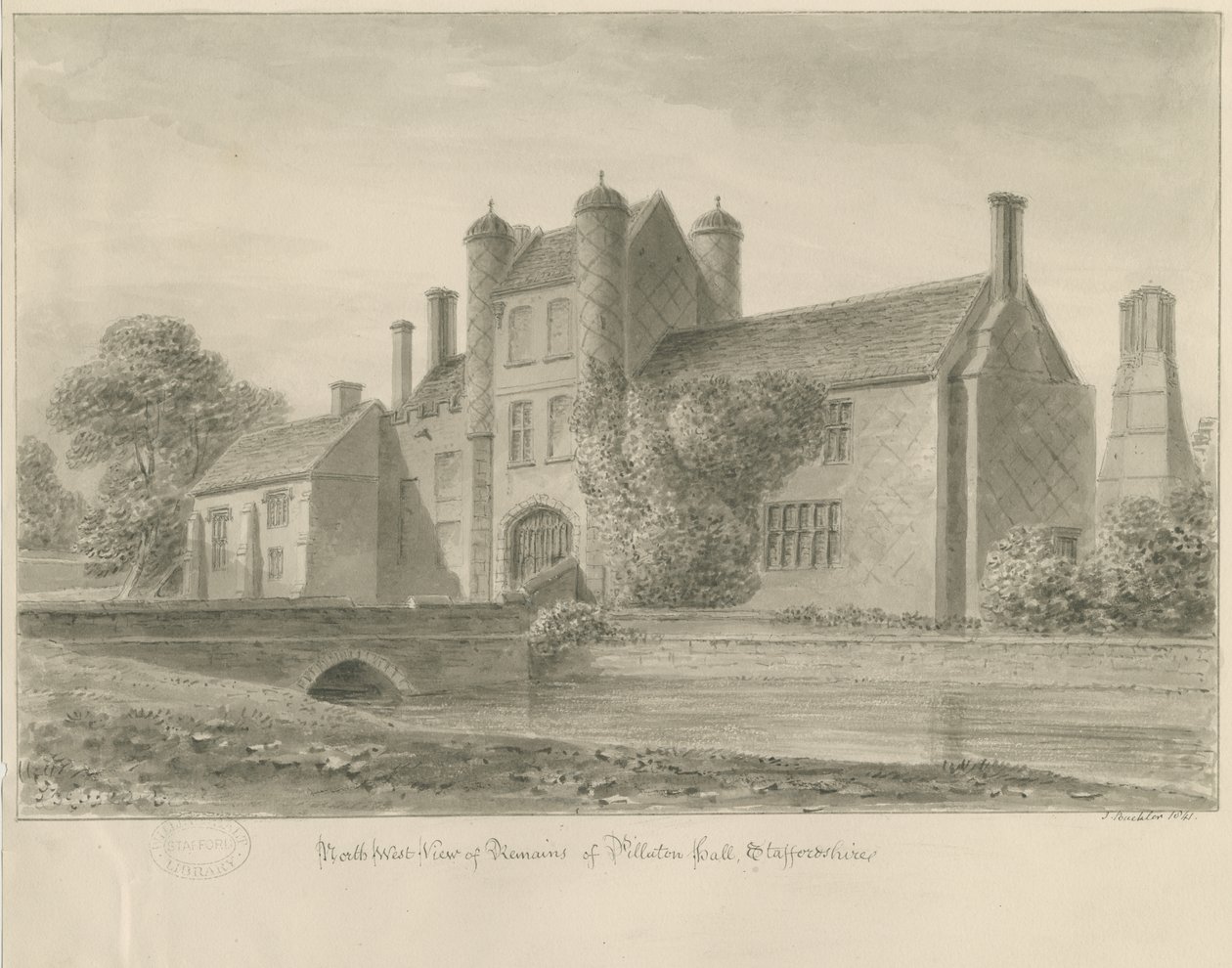 Pilaton Hall: rysunek w sepii, 1841 autorstwa John Buckler