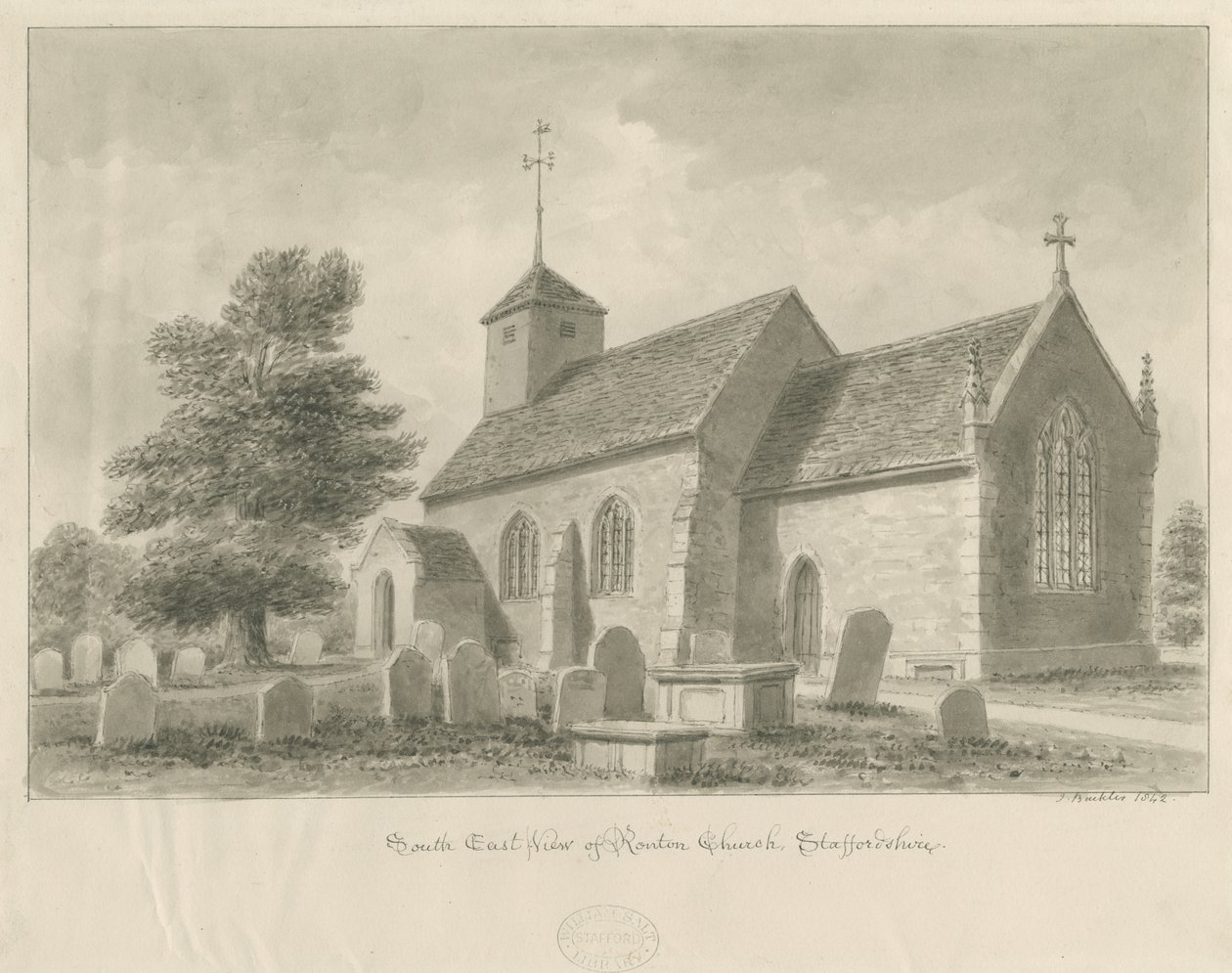 Kościół w Ranton: rysunek w sepii, 1842 autorstwa John Buckler